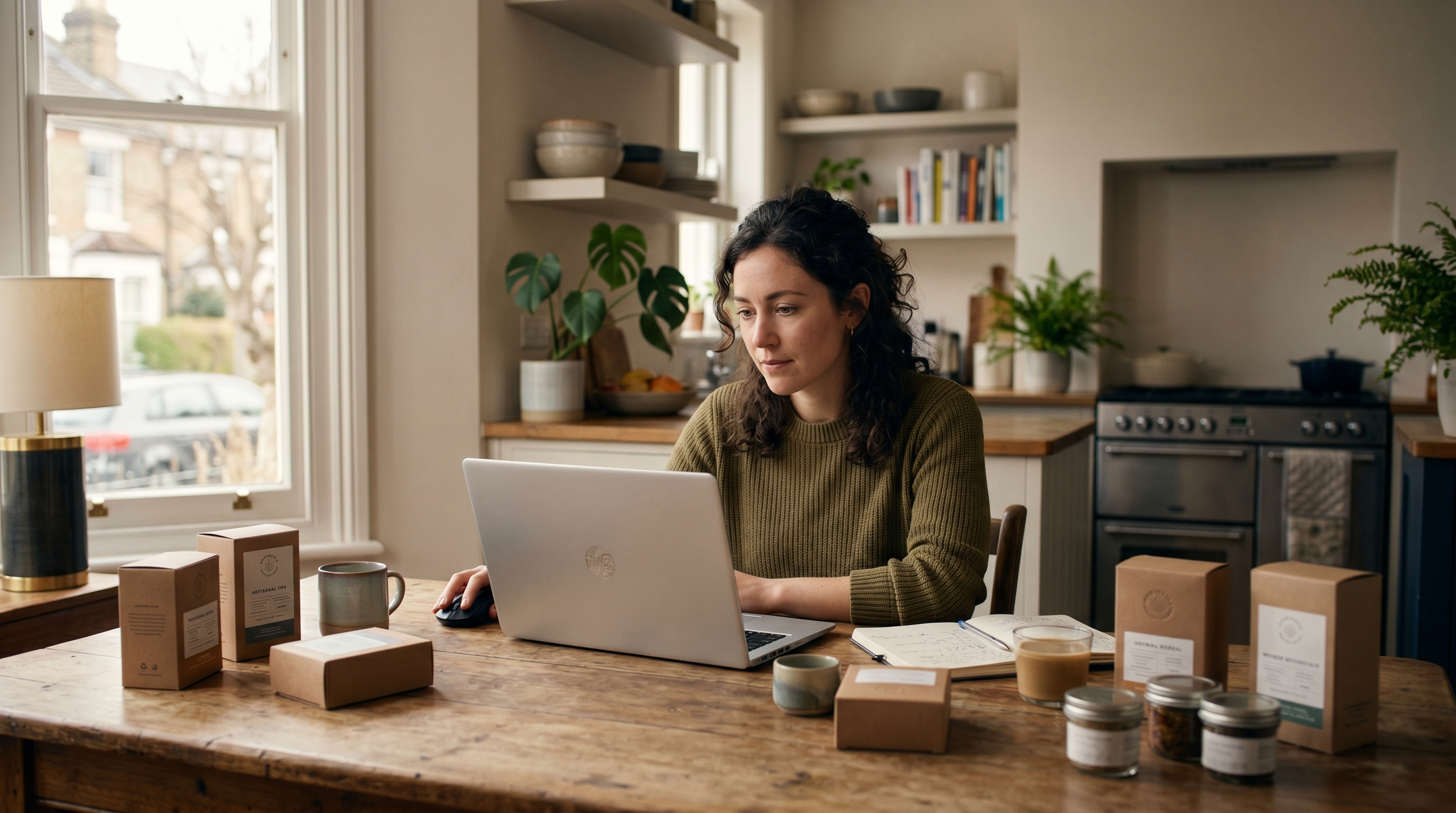 First-time founder at a kitchen table surrounded by product samples and a laptop showing an online store dashboard