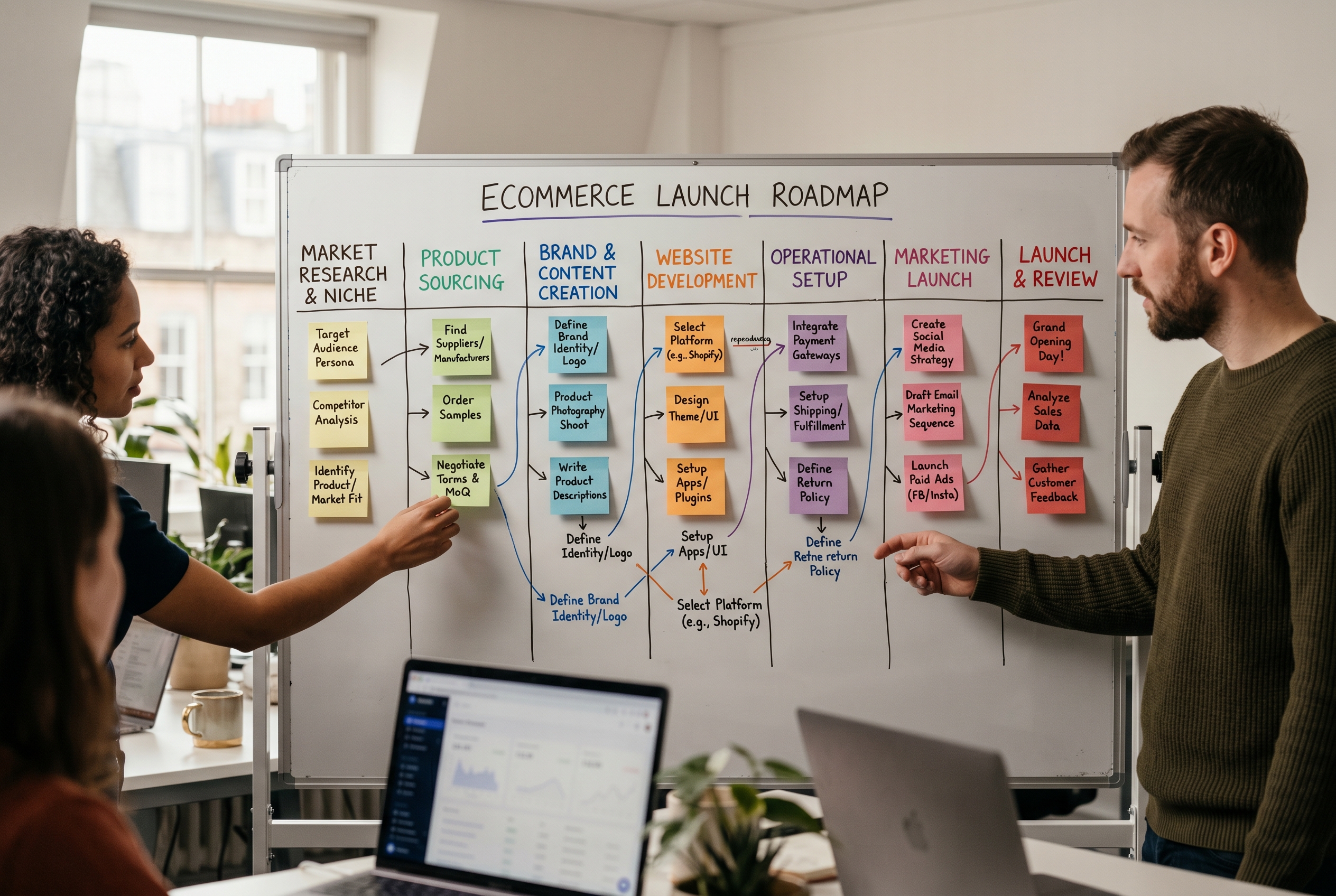 Whiteboard with a seven-step ecommerce launch roadmap drawn in marker with sticky notes for each phase