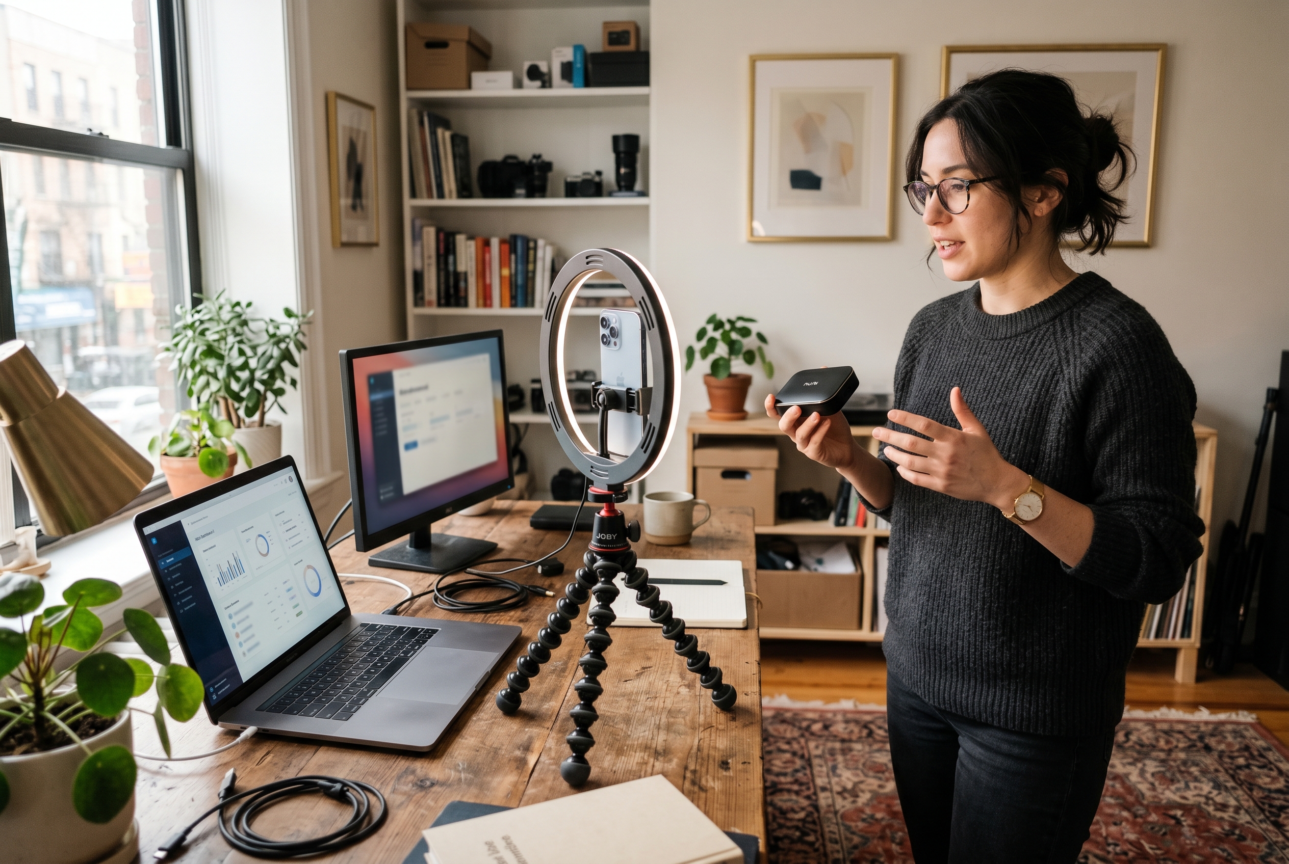 Solo founder filming a product video with a phone on a tripod in a small home studio with ring light