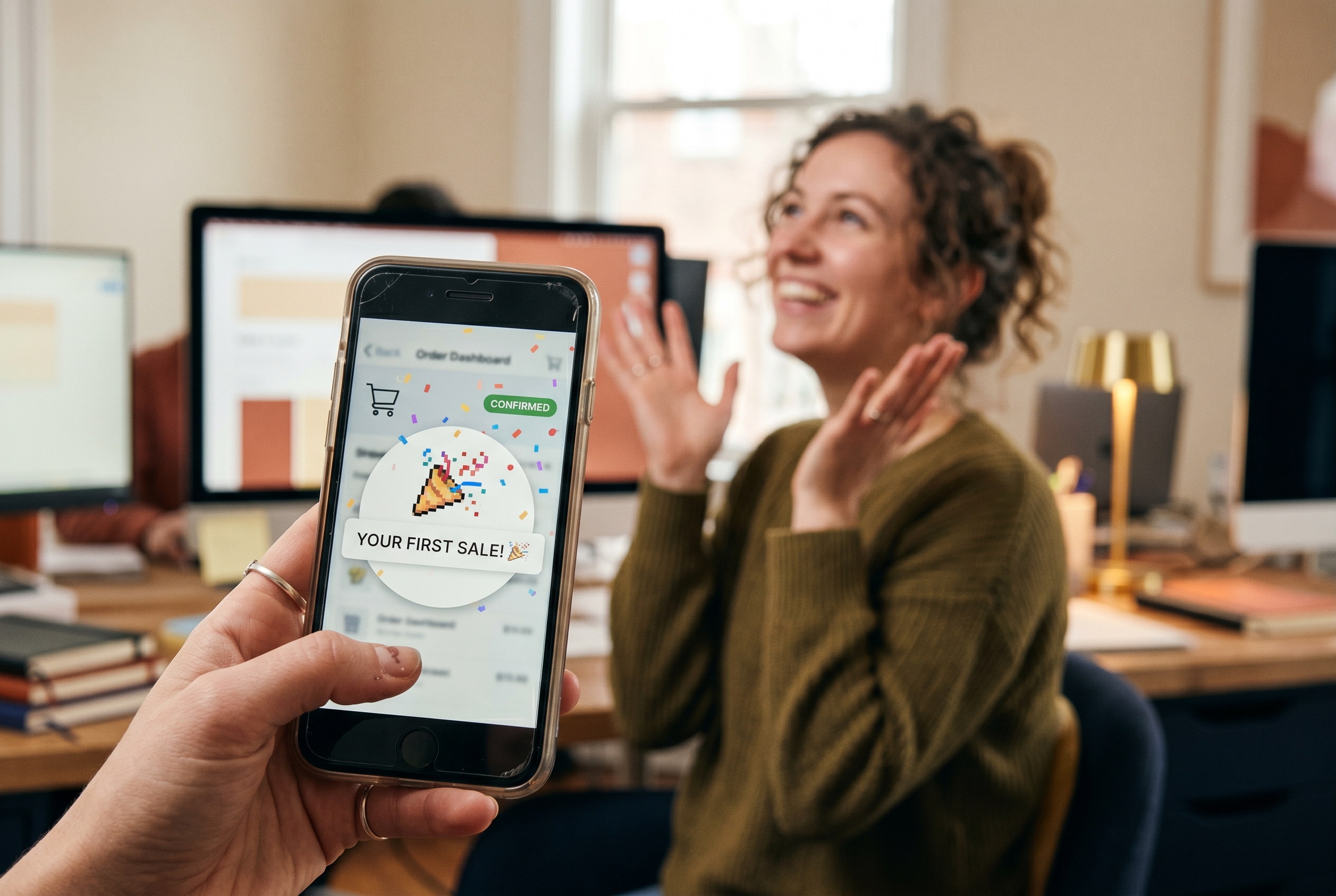 Phone screen showing a notification of a first online sale with confetti animation and a celebrating founder in the background