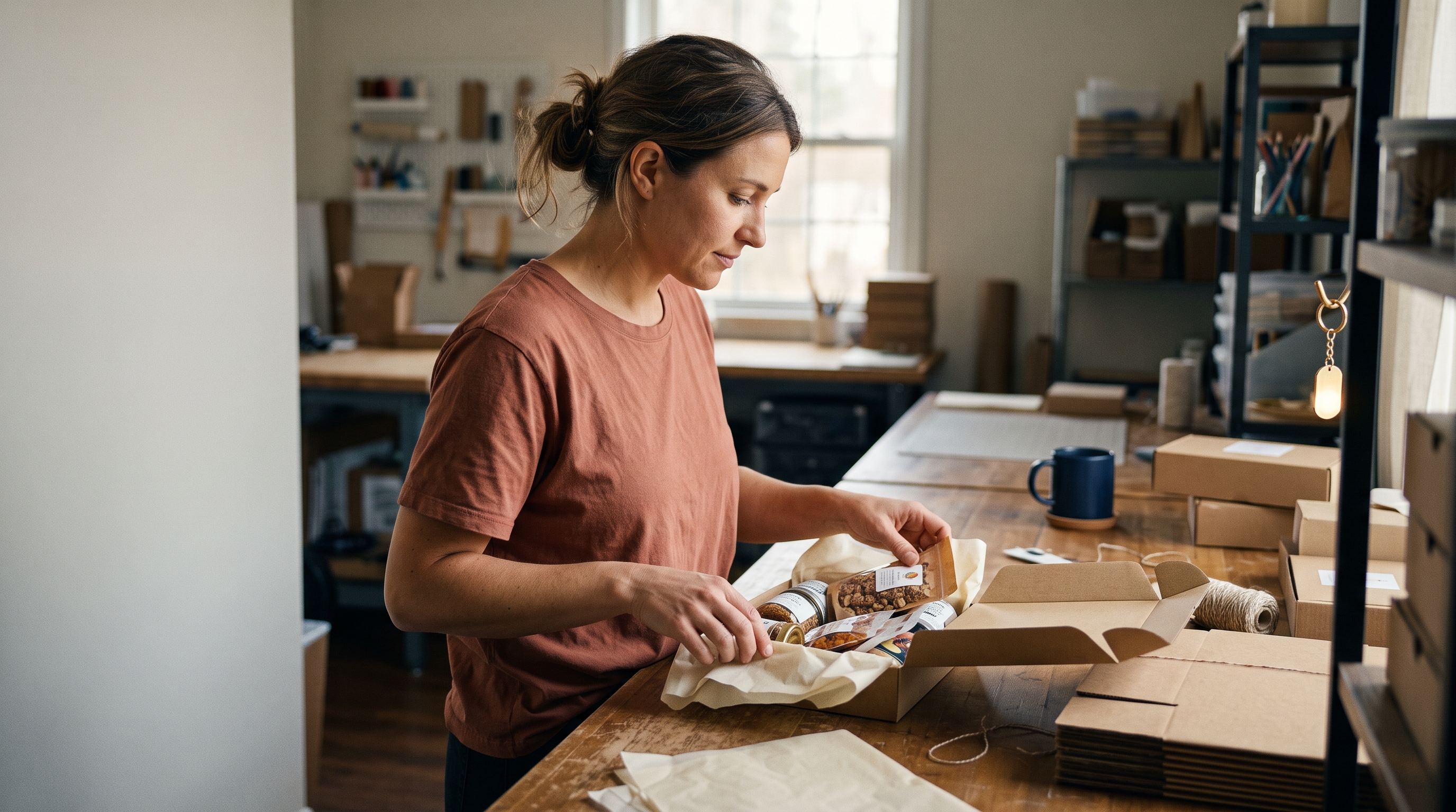 Small business owner packing snack boxes with tissue paper at a wooden table in a home studio
