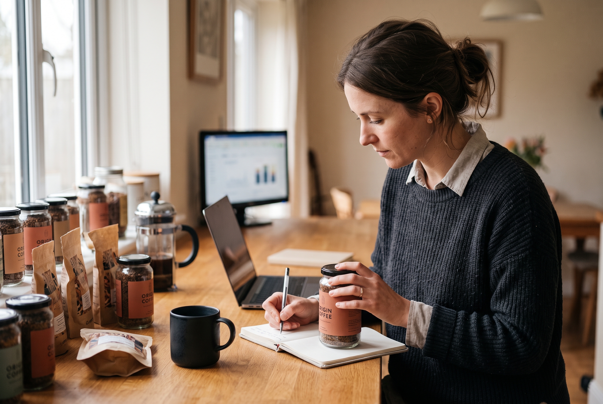 Founder arranging jars of coffee and snacks on a kitchen counter while taking notes in a notebook