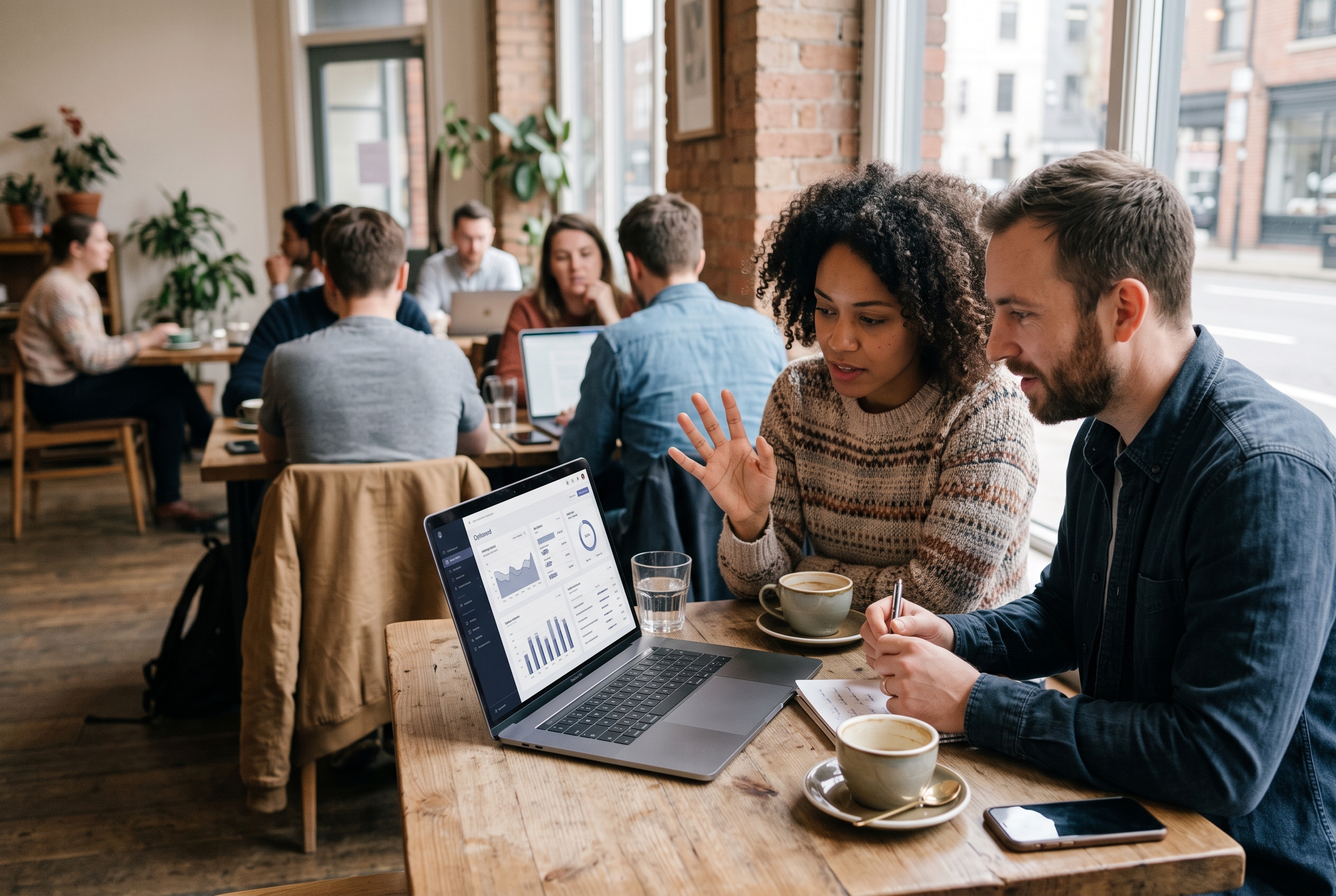 Two founders comparing subscription dashboards on a laptop at a bright coffee shop table