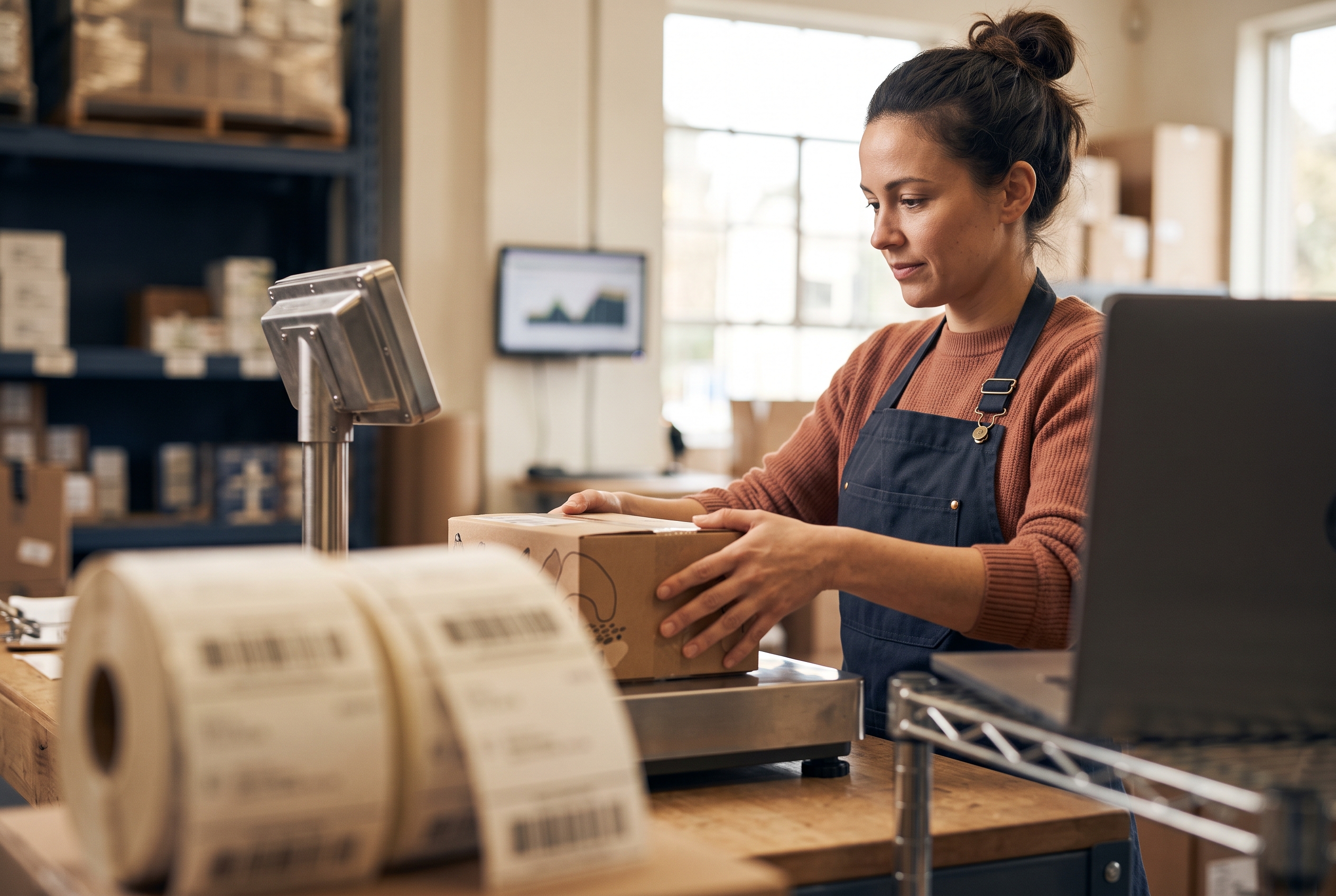 Warehouse worker weighing a packed food box on a scale beside a stack of shipping labels