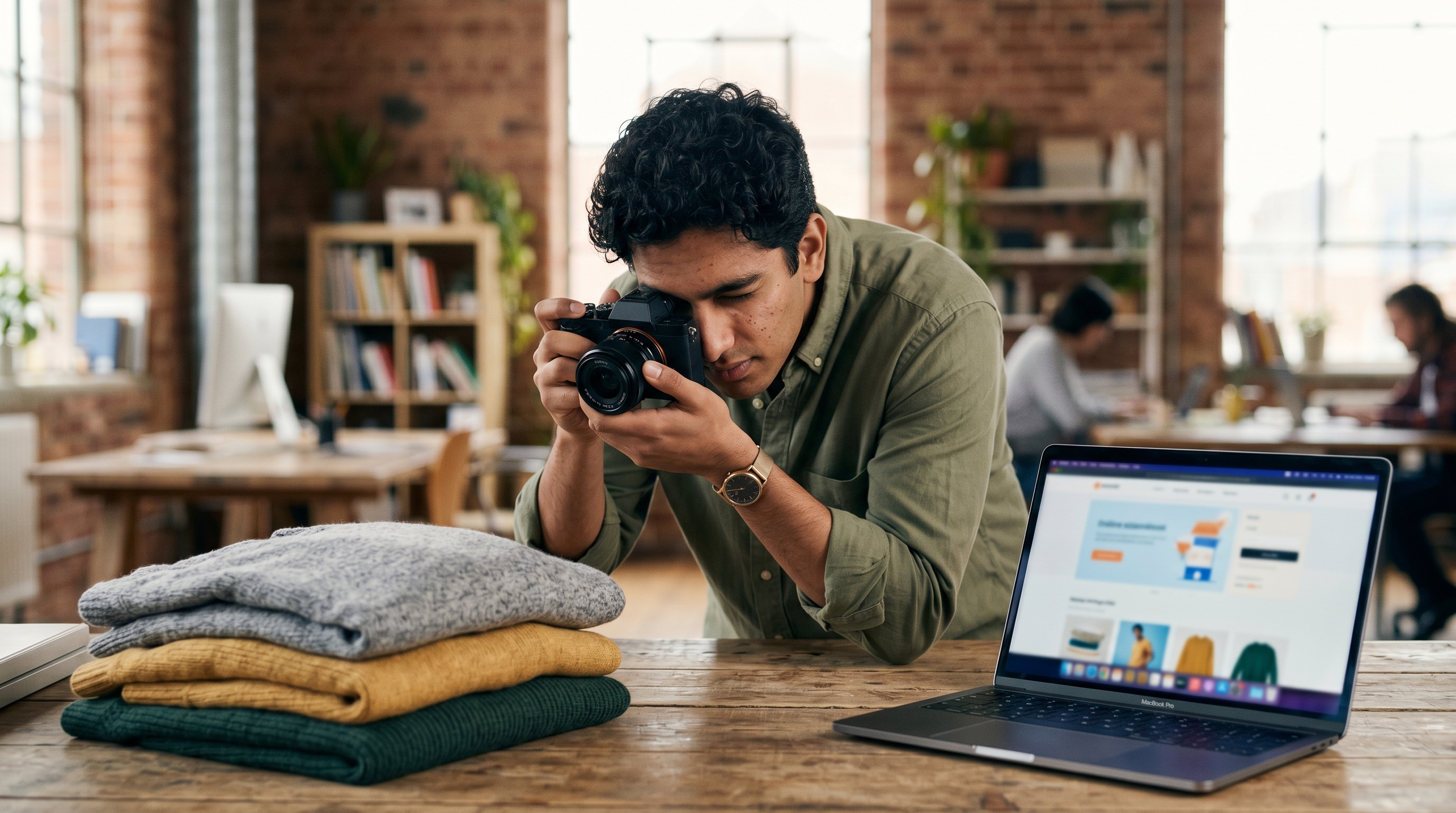 Young entrepreneur photographing folded clothing on a wooden table next to a laptop showing an online storefront