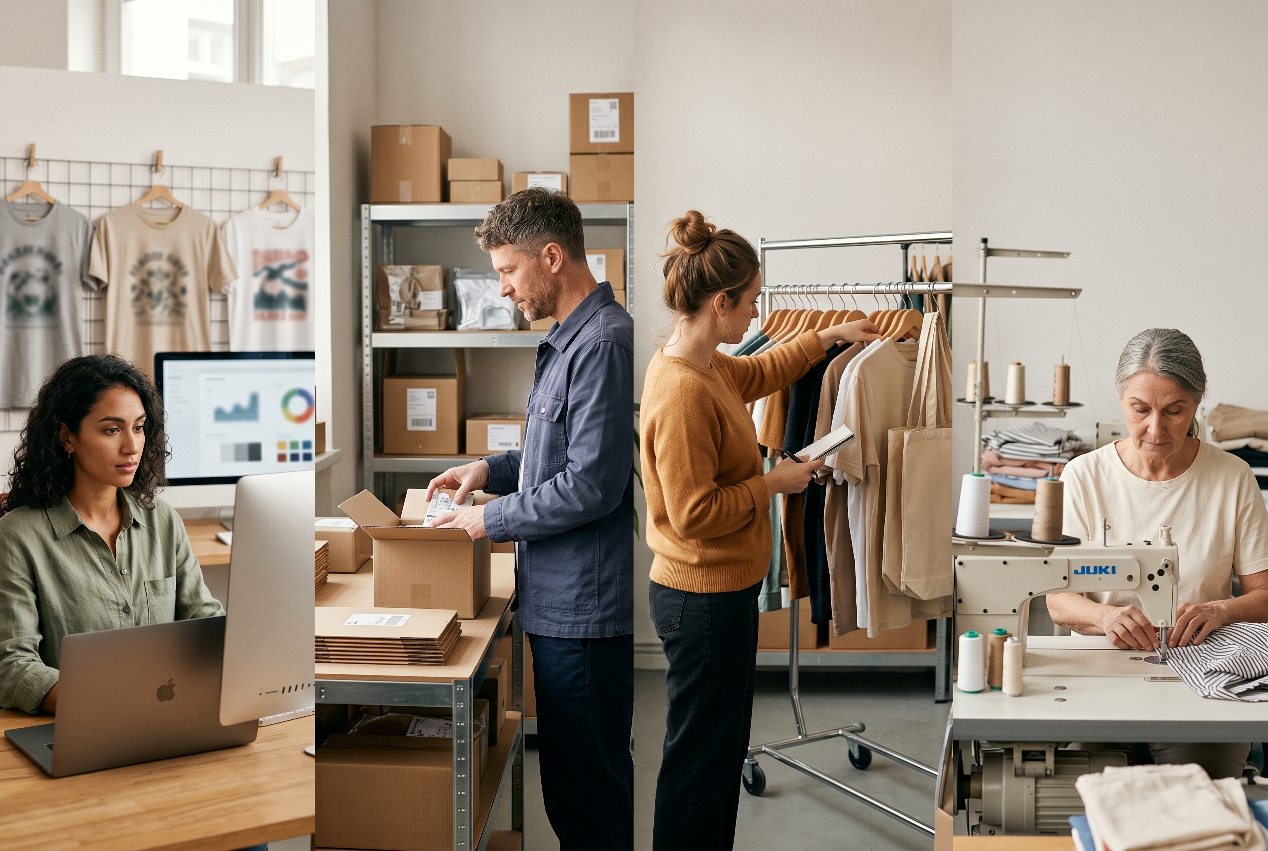Four side by side workspaces showing print on demand mockup dropshipping warehouse wholesale rack and atelier sewing machine