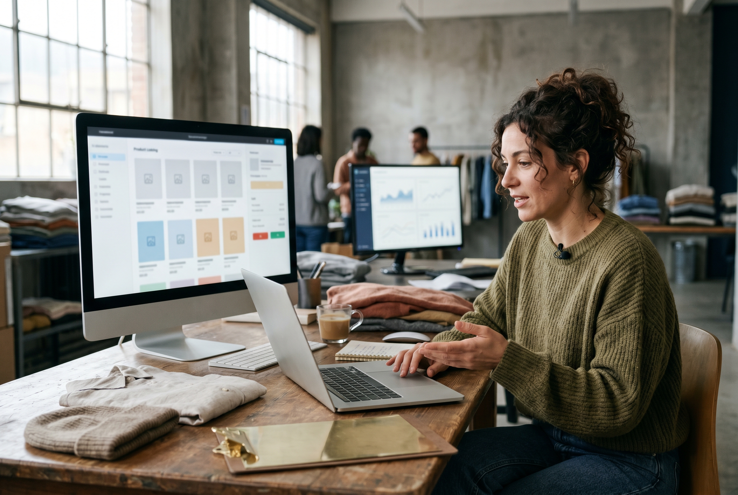 Founder describing their clothing brand into a laptop while an online storefront assembles itself with product pages and checkout