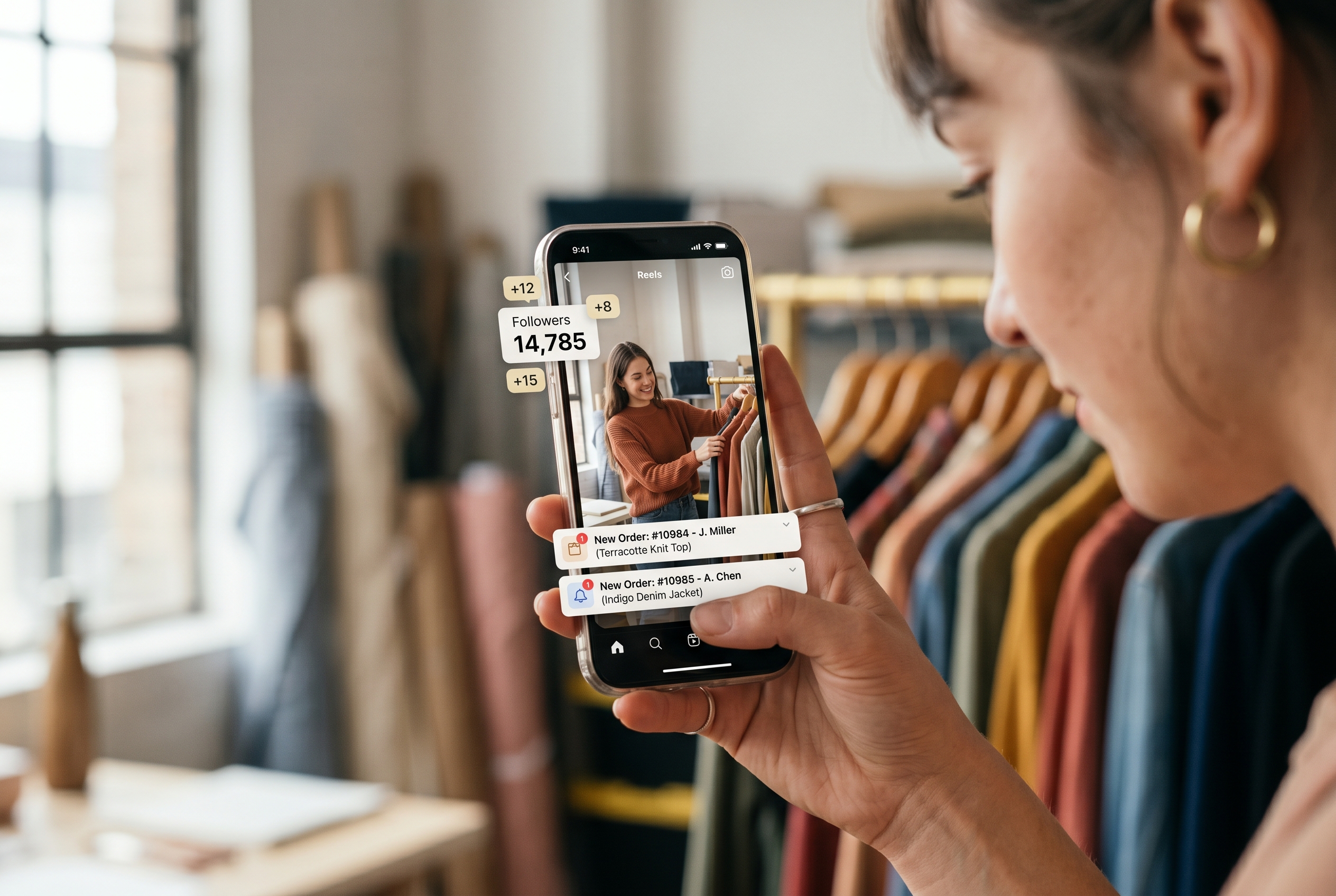 Phone screen showing a clothing brand reel being filmed with rising follower count and incoming order notifications