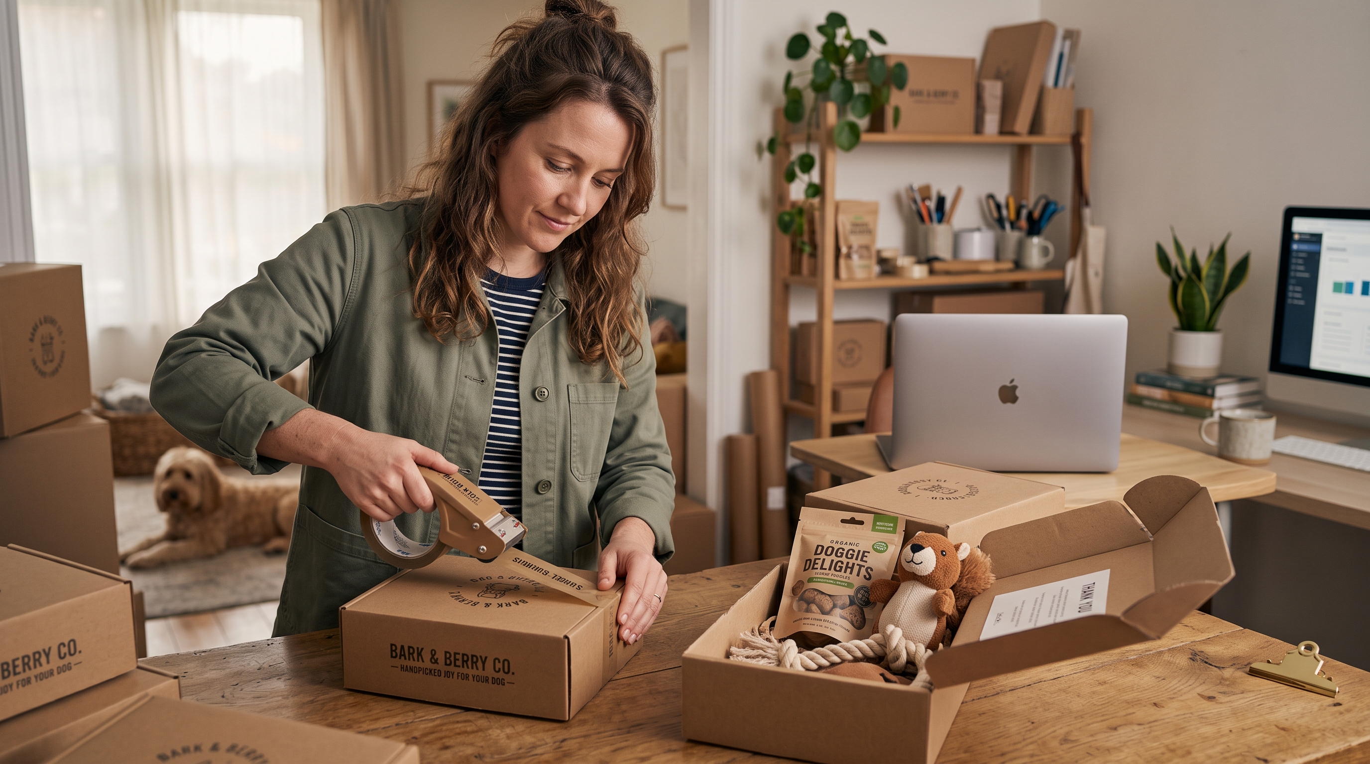 Small business owner packing dog treats and toys into branded boxes on a wooden table in a home studio