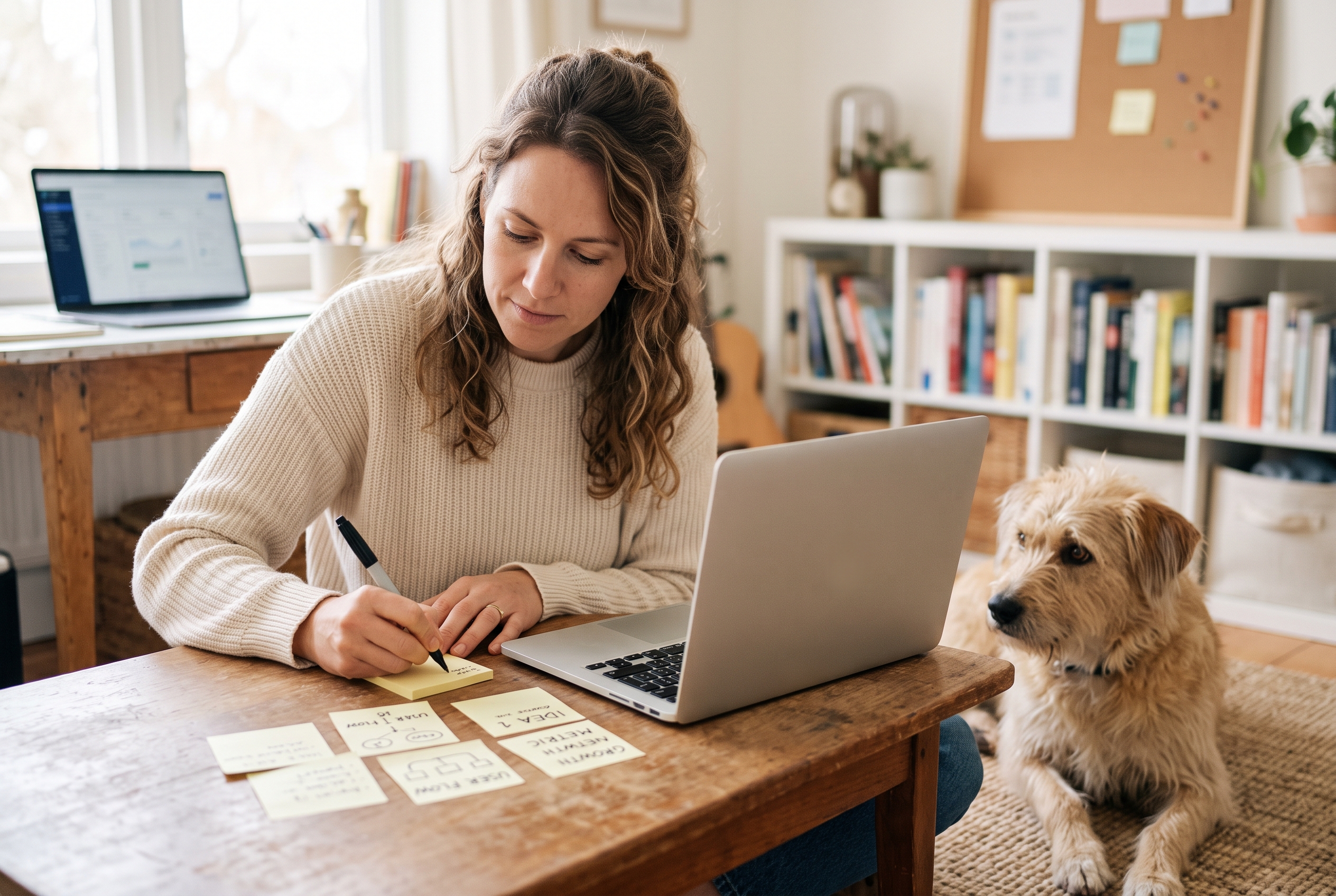 Founder writing product ideas on sticky notes beside a laptop and a curious dog resting nearby in a bright home office