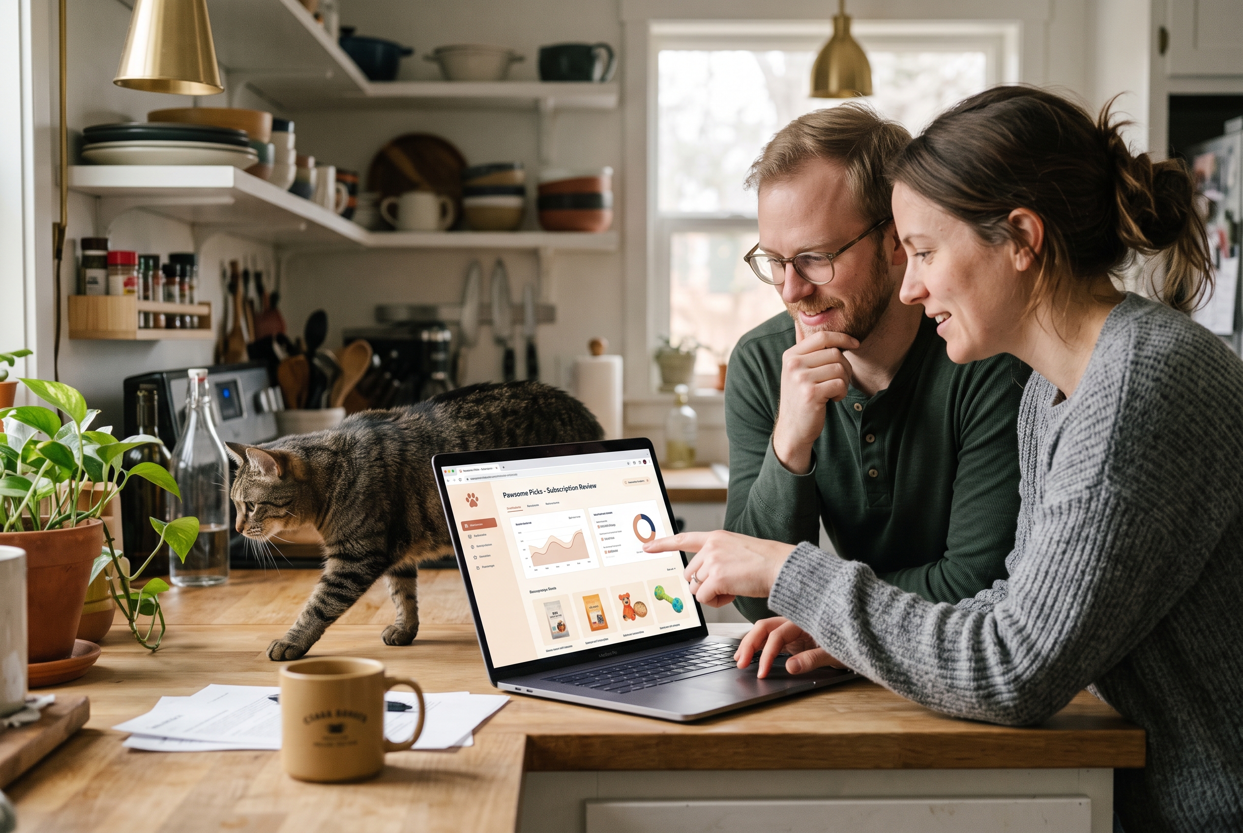 Two people reviewing a pet subscription store on a laptop screen at a kitchen counter with a cat walking across the table