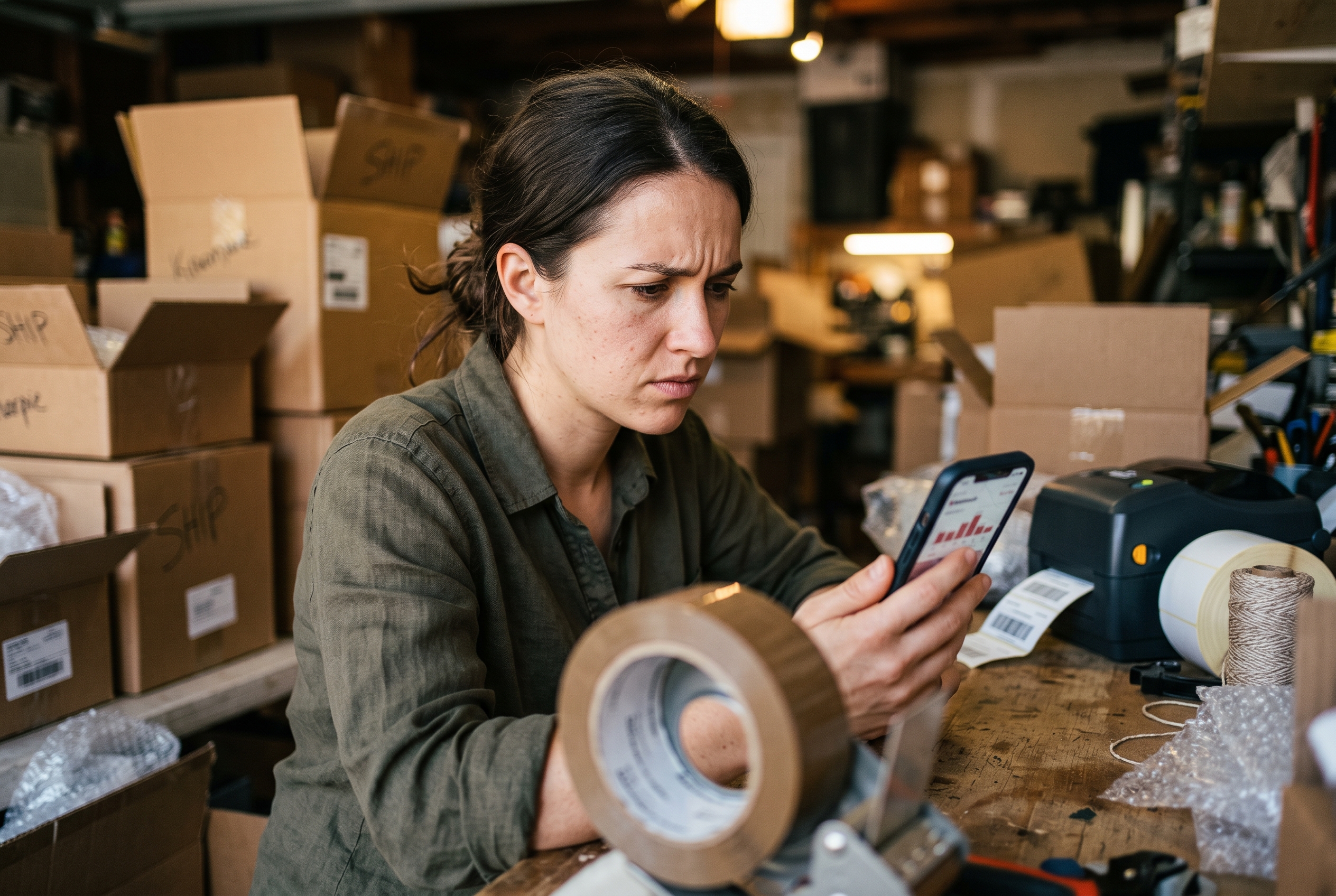 Founder frowning at shipping cost figures on a phone while surrounded by half-packed boxes and packing tape in a garage workspace