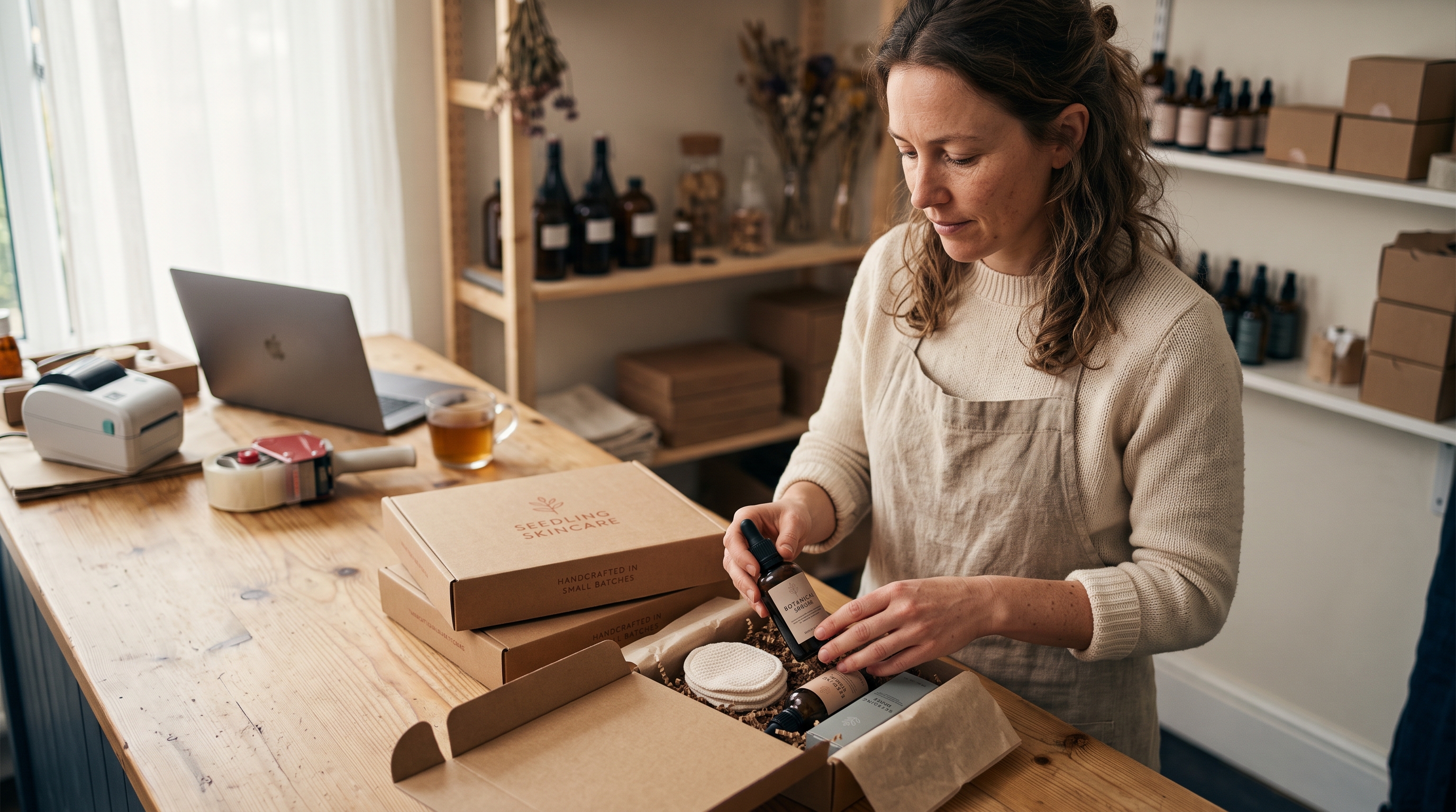 Small business owner packing skincare serums and cotton pads into a branded box on a wooden table