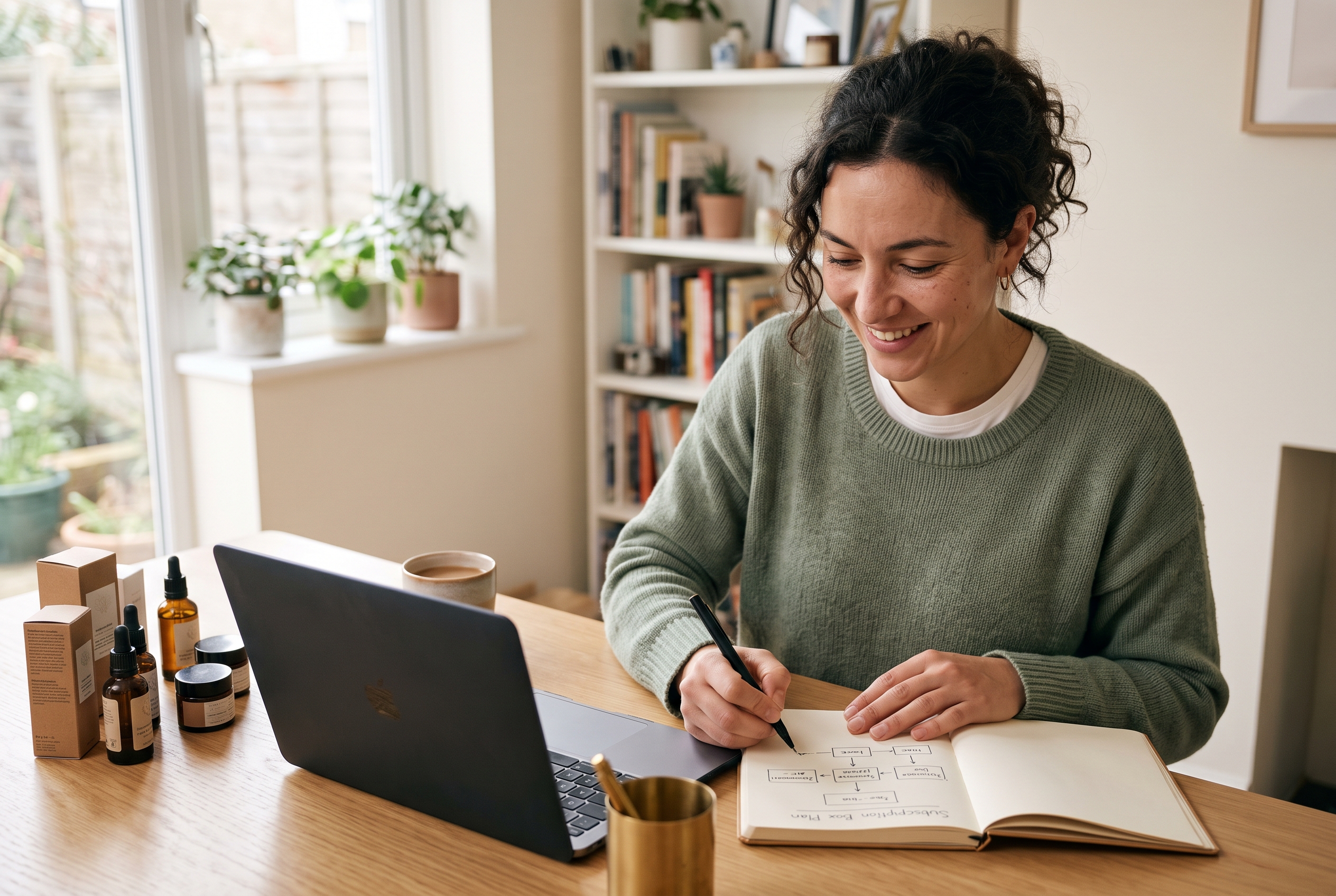 Founder sketching a subscription box plan in a notebook beside a laptop and skincare samples in a bright home office