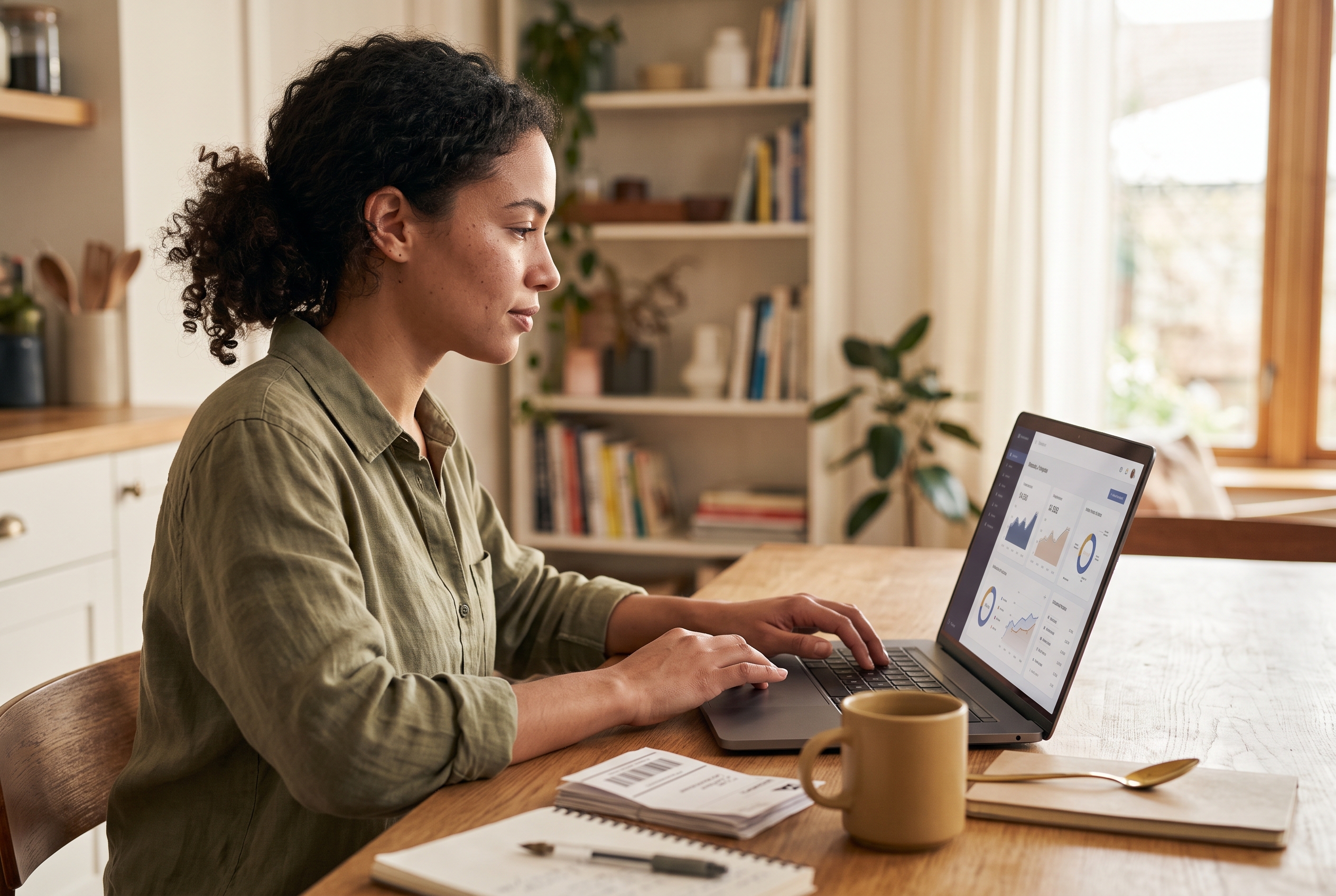 Entrepreneur reviewing subscriber orders on a laptop dashboard at a kitchen table with coffee and shipping labels nearby