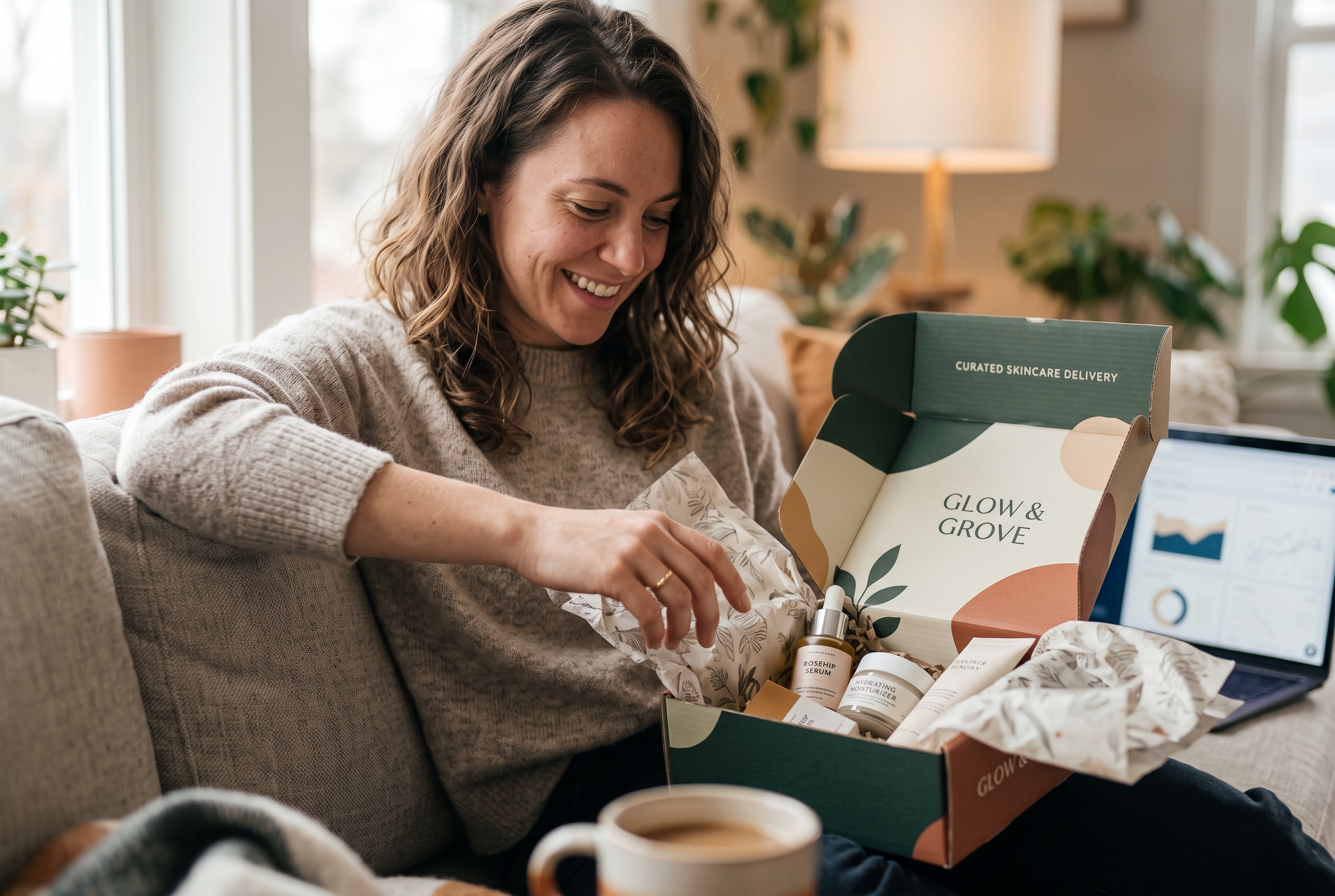 Happy customer unboxing a skincare subscription delivery on a sofa with the branded box and tissue paper spread out