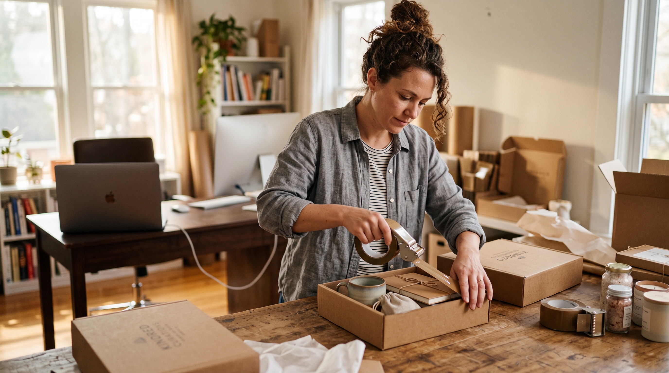 Small business owner packing curated products into branded subscription boxes on a wooden workbench in a sunlit home studio