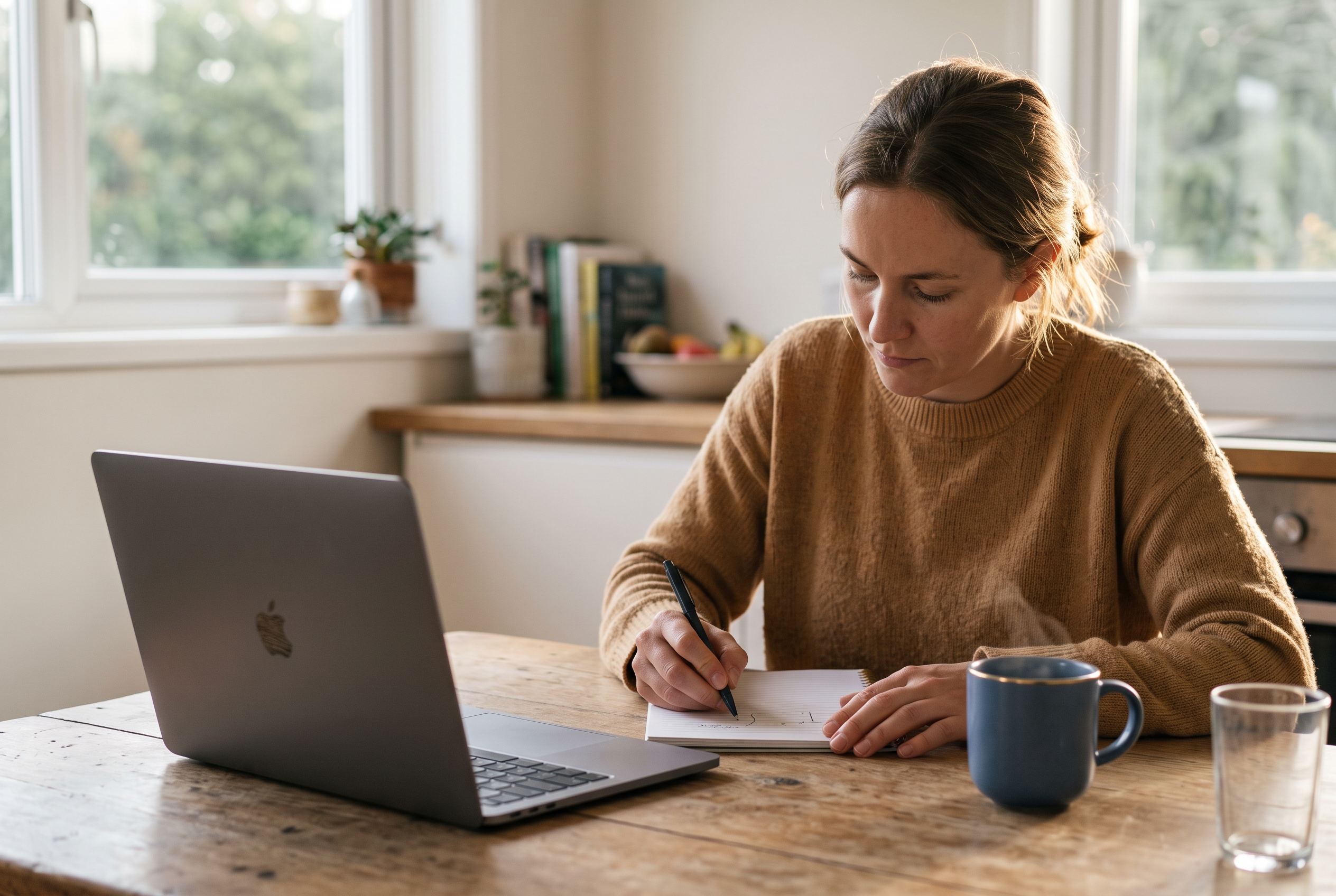 Founder sketching niche ideas on a notepad beside a laptop and coffee at a kitchen table in morning light