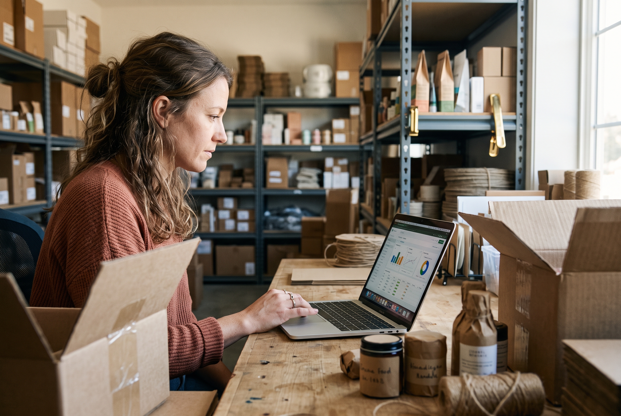 Entrepreneur reviewing a spreadsheet of costs on a laptop surrounded by shipping supplies and product samples in a small warehouse