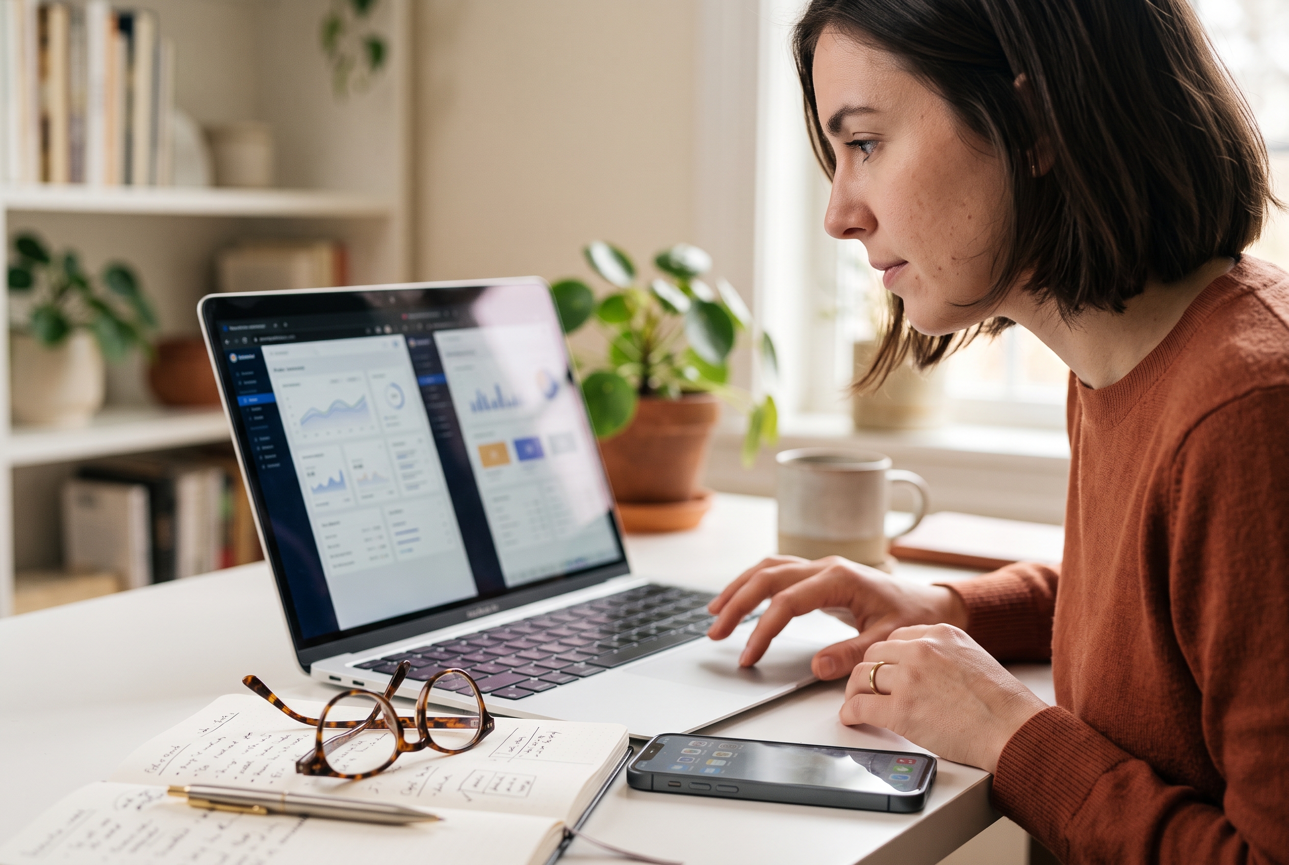 Founder comparing storefront options on a laptop screen at a tidy desk with a notebook and phone nearby in a home office