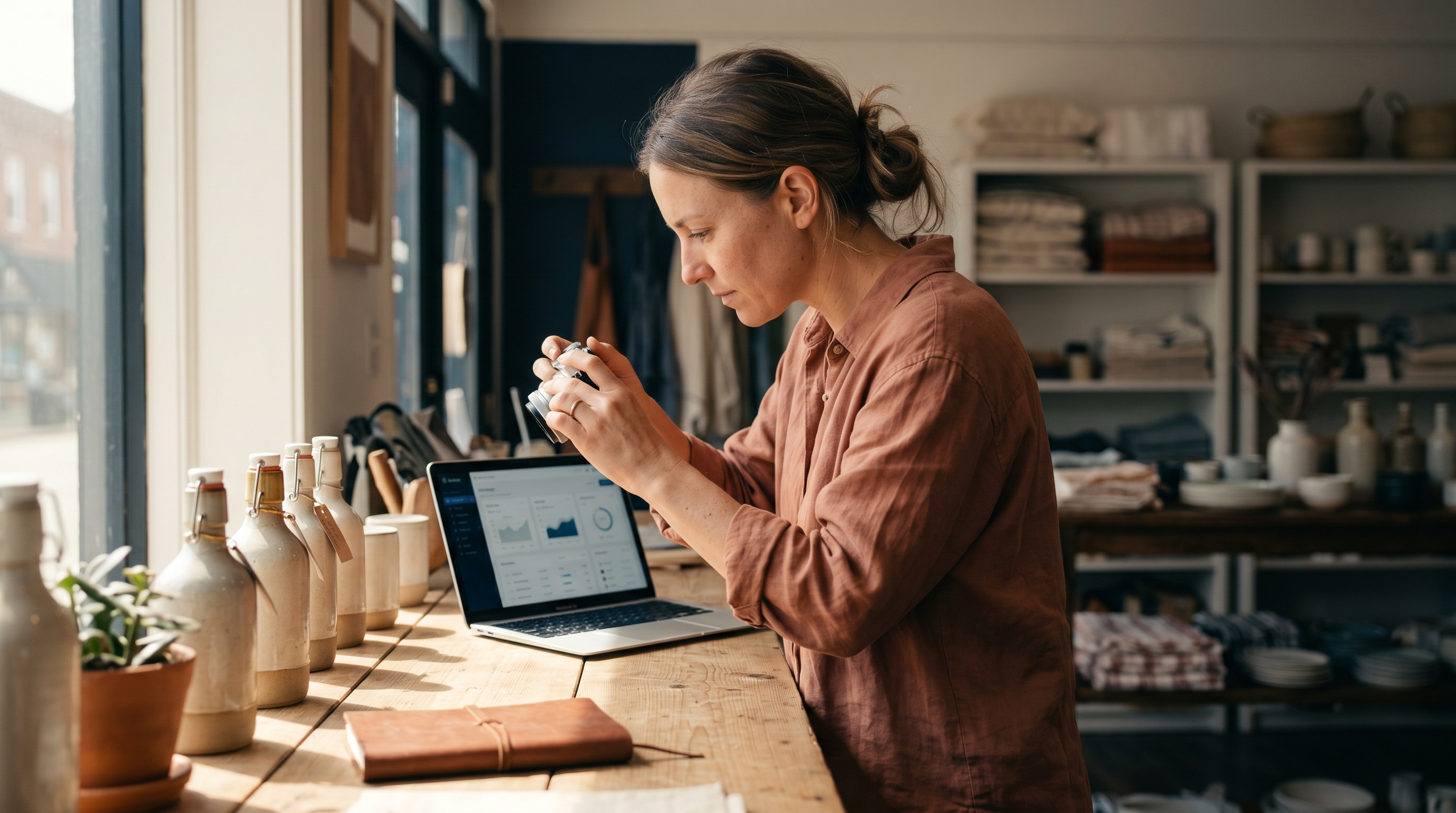 Small shop owner photographing a row of products on a wooden counter beside an open laptop in a sunlit boutique