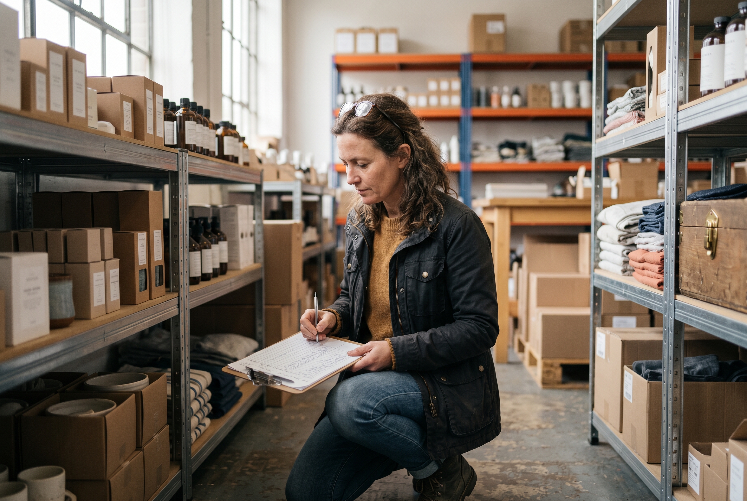 Retail owner kneeling beside shelving units writing product details on a clipboard in a stockroom