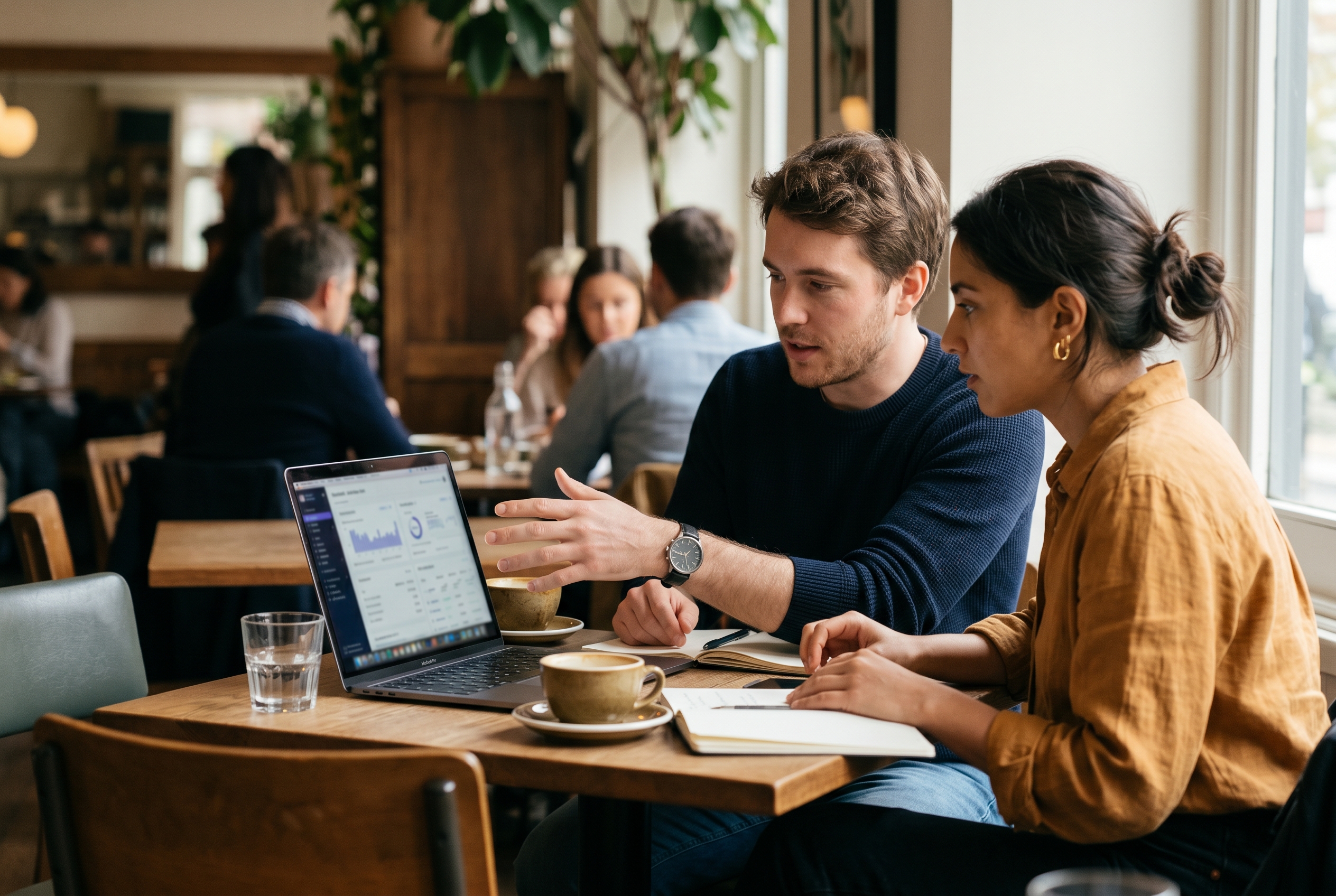 Two business partners comparing platform options on a laptop at a cafe table with coffee cups and notebooks