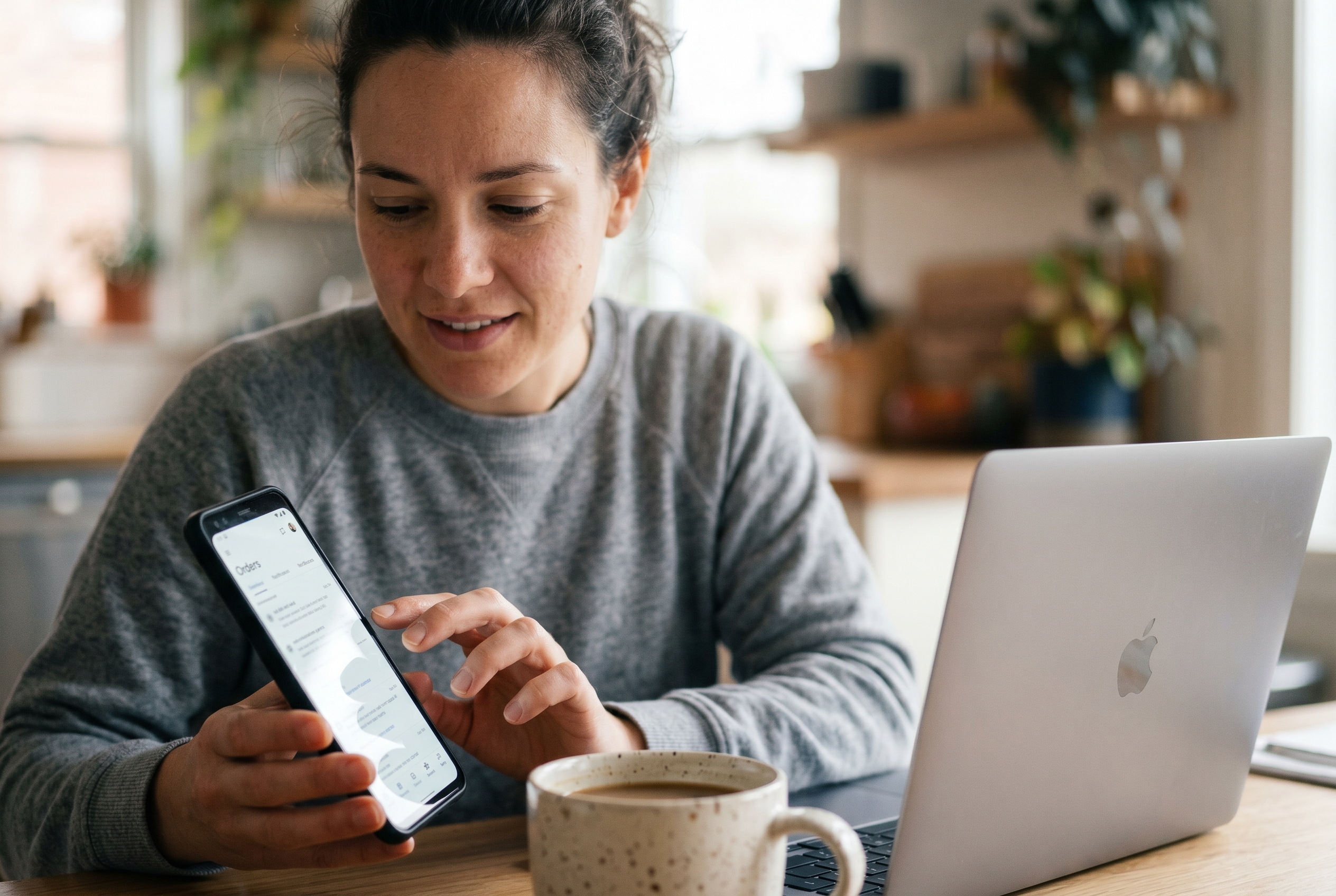 Founder reviewing order notifications on a phone over morning coffee at a kitchen table with a laptop nearby