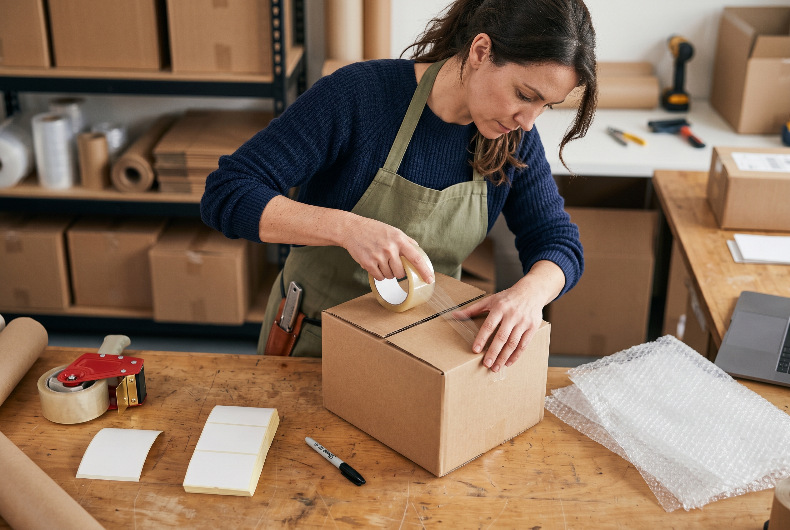 Store owner packing a cardboard shipping box at a workbench surrounded by tape, labels and bubble wrap