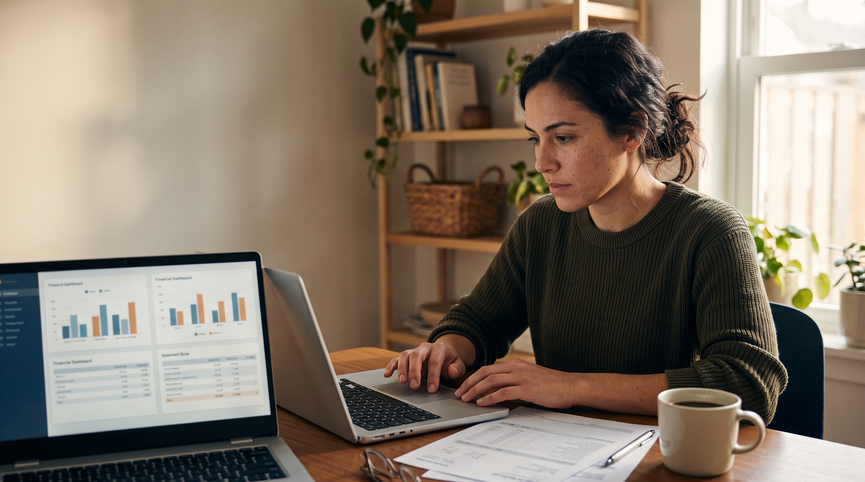 Online store owner comparing two payment processor statements on a laptop at a kitchen table with a coffee