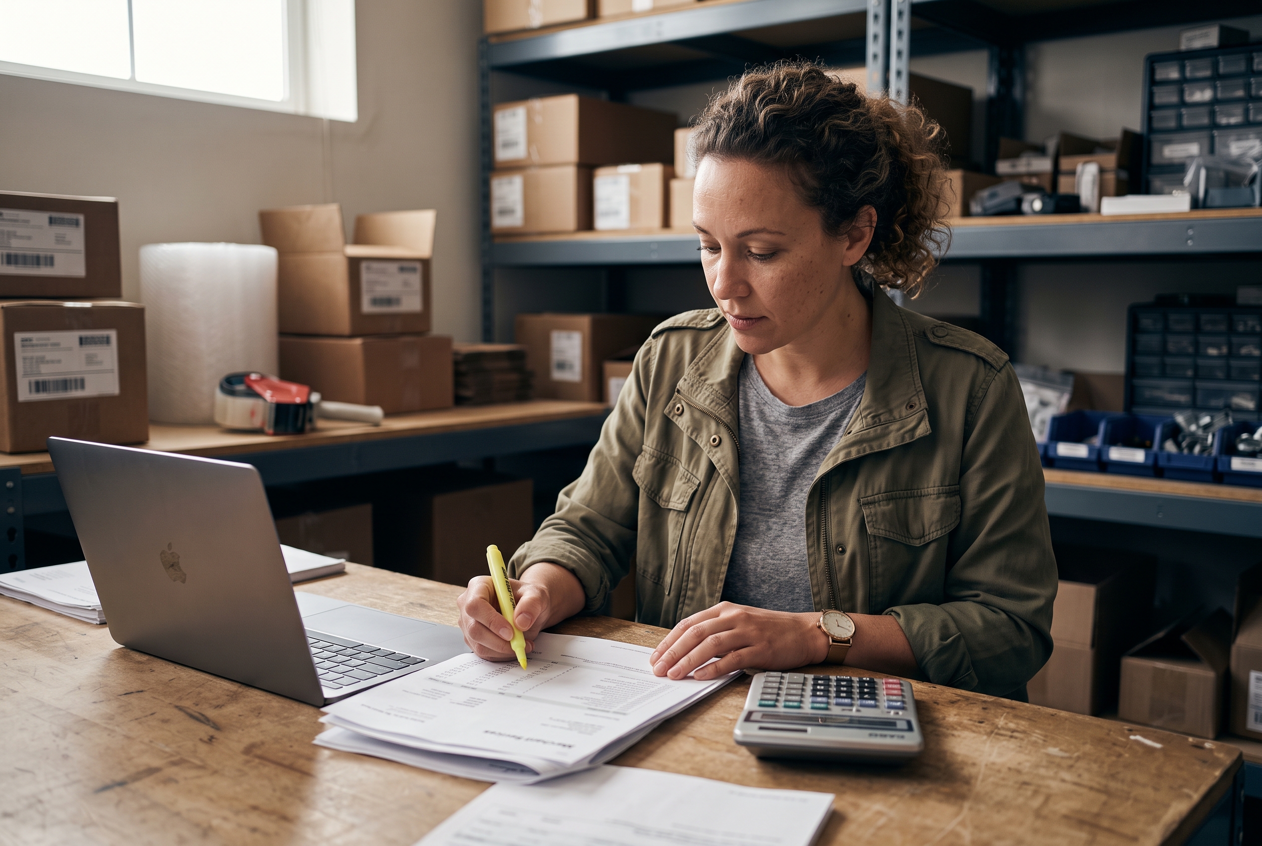Small business owner reviewing a printed monthly merchant statement with a calculator and highlighter in a stockroom