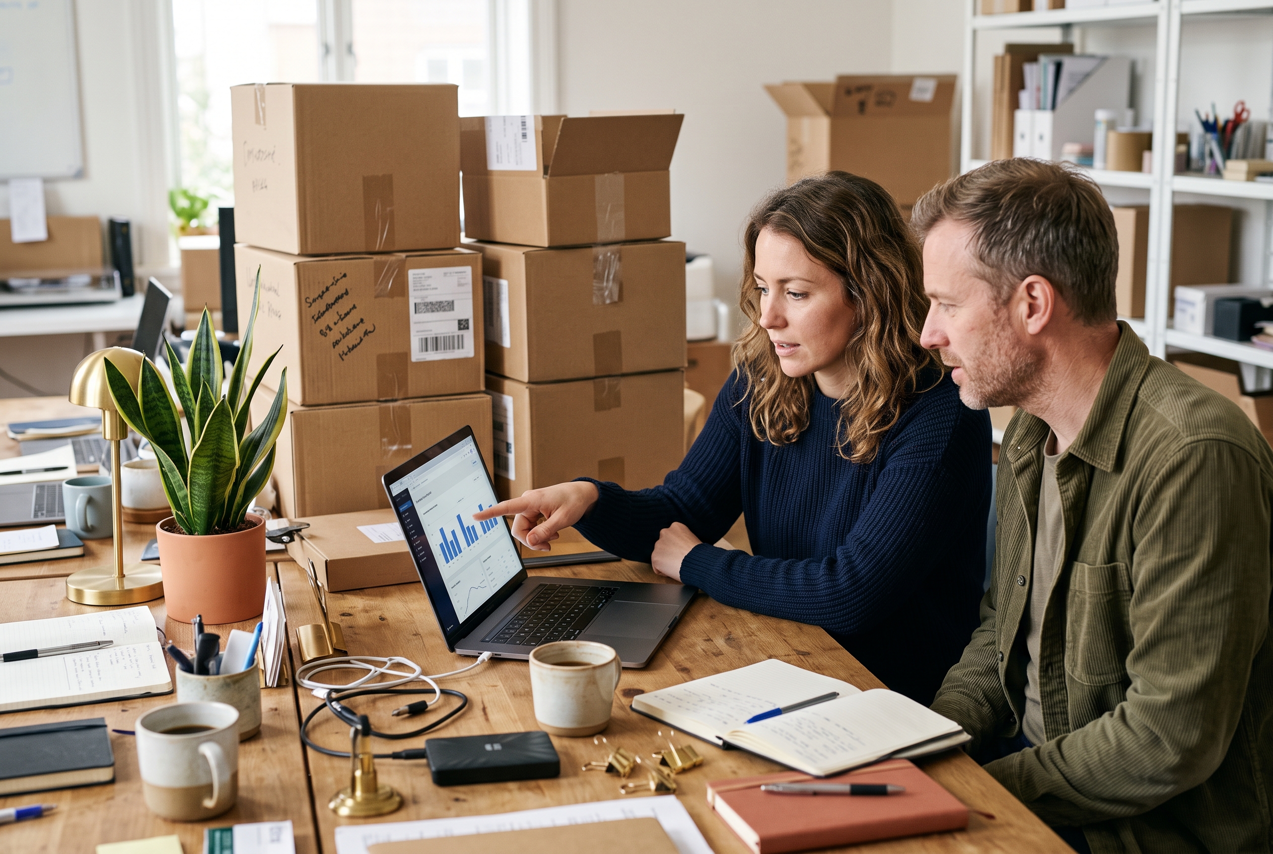 Two co-founders at a shared desk reviewing payment fees on a laptop with packed shipping boxes behind them