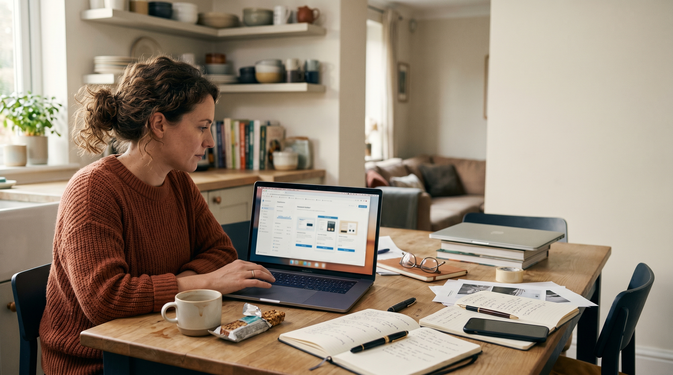Small business owner comparing website builder options on a laptop at a cluttered kitchen table with coffee and notebooks