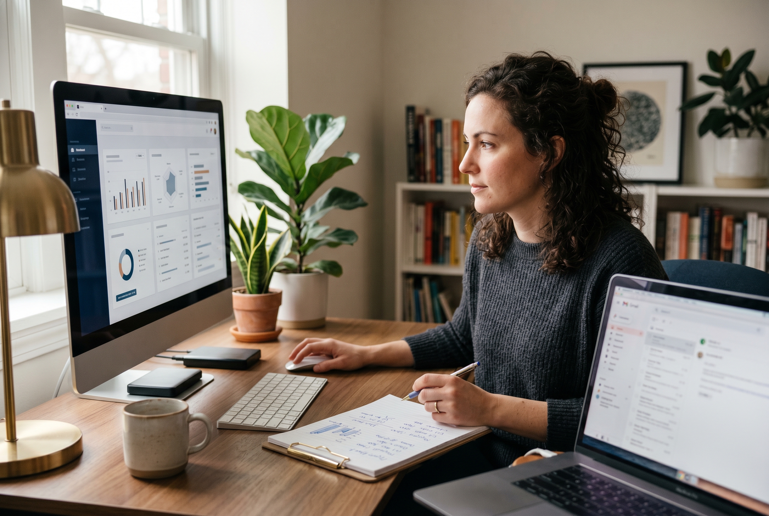 Freelancer reviewing a website dashboard on a desktop monitor in a home office with plants and a notepad of pricing figures