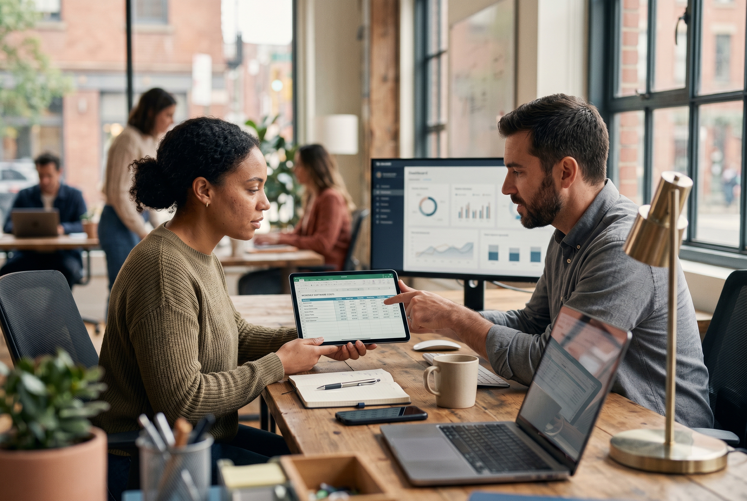 Two people reviewing a spreadsheet of monthly software costs on a tablet at a co-working space desk near a window