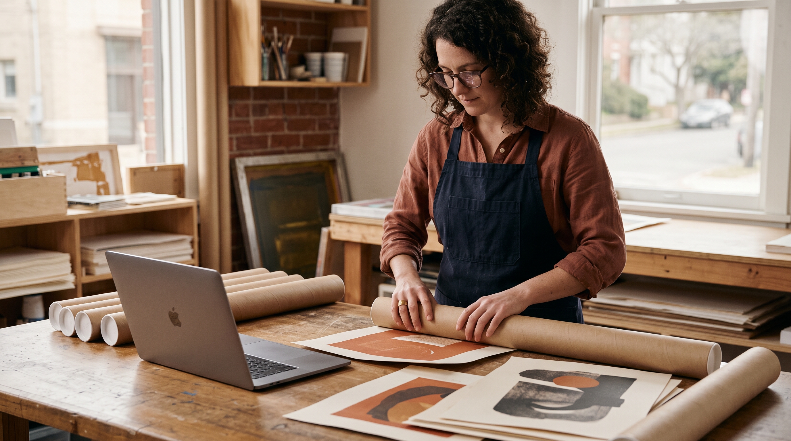 Independent artist packing screen-printed posters into shipping tubes at a wooden studio table with a laptop open nearby