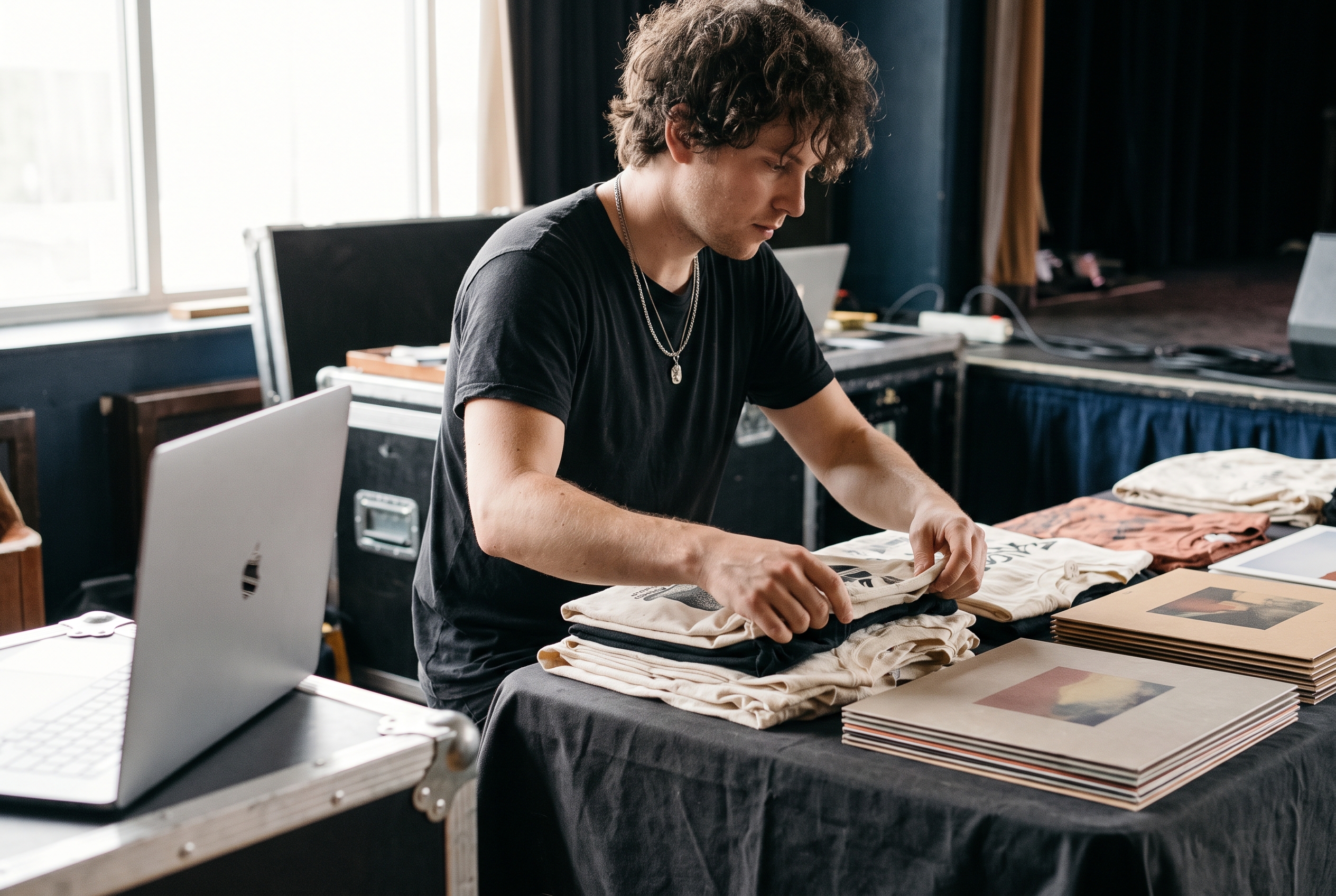 Musician stacking band t-shirts and vinyl records on a merch table backstage before a show