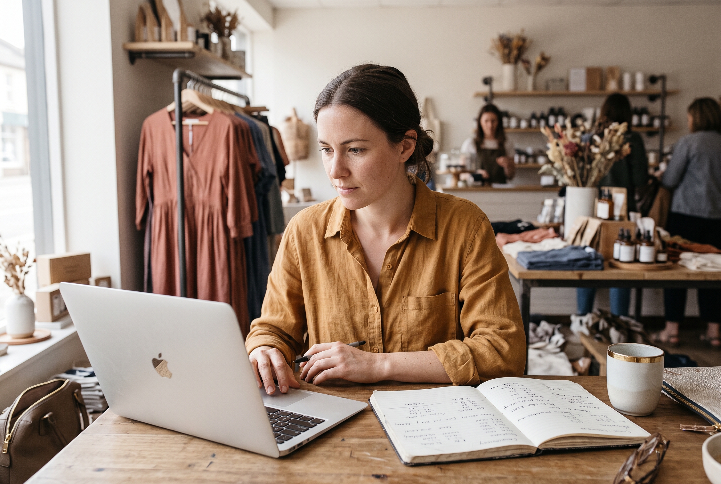 Small shop owner comparing two store dashboards on a laptop beside a notebook of handwritten costs