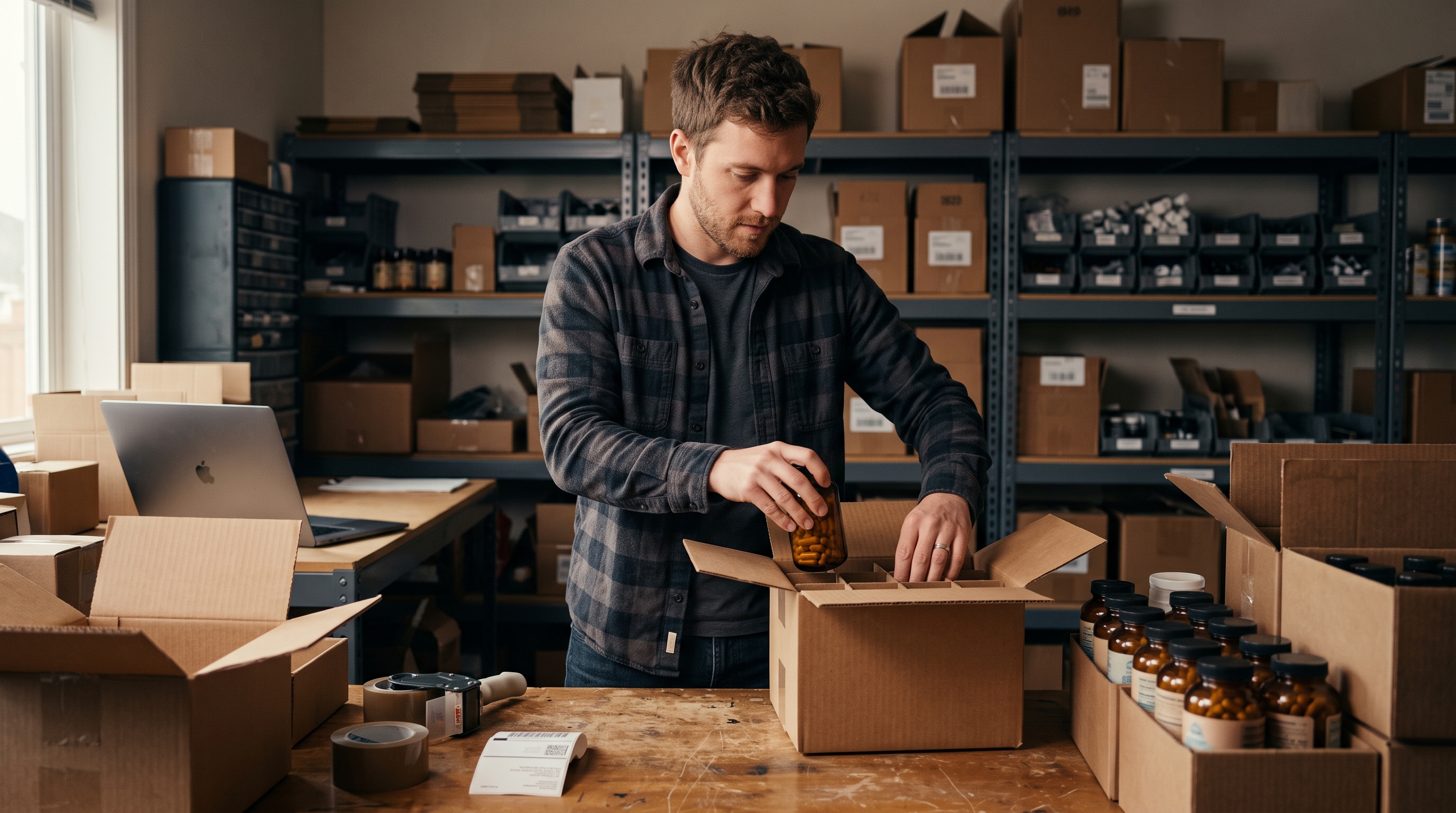 Founder packing amber supplement bottles into shipping boxes on a workbench in a small home warehouse