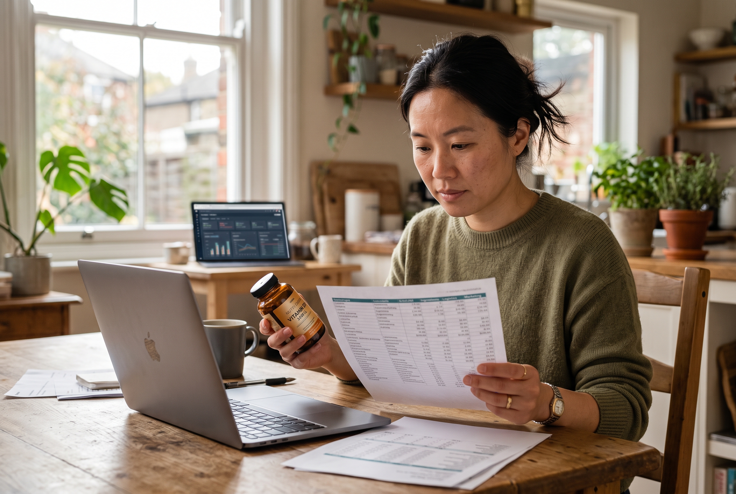 Business owner at a kitchen table comparing a printed cost spreadsheet with a supplement bottle and laptop
