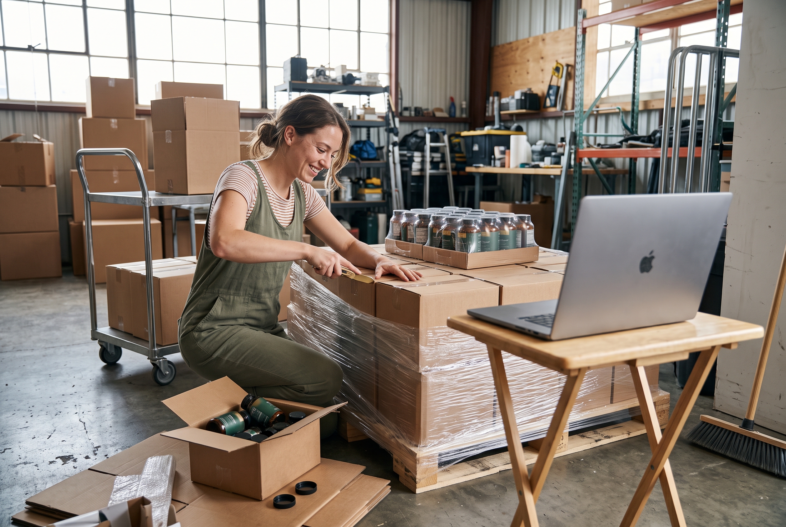 Entrepreneur unboxing a first pallet of private label supplement bottles in a bright rented storage unit
