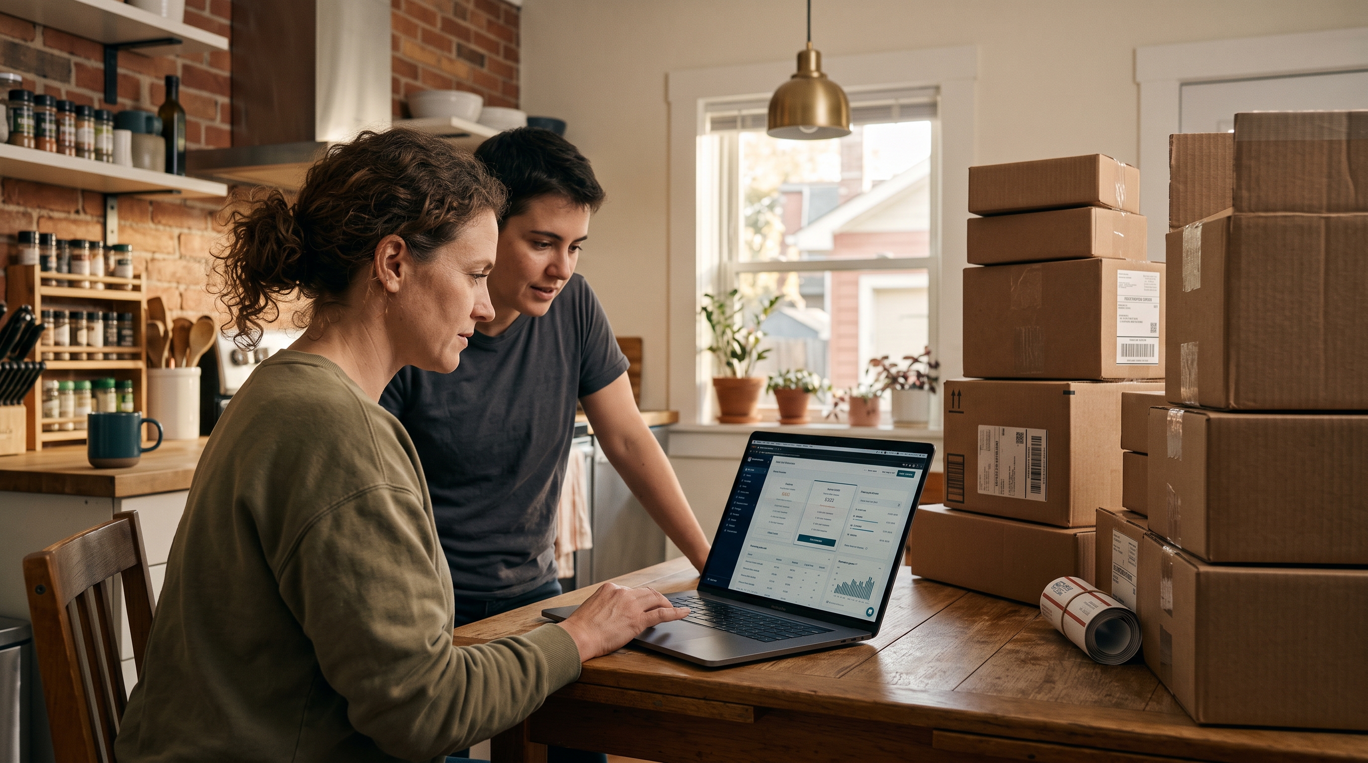 Store owner comparing two pricing plans on a laptop at a kitchen table beside stacked shipping boxes