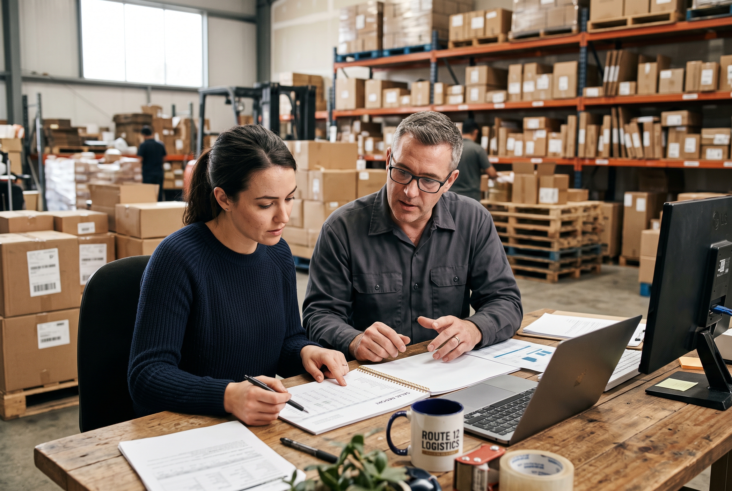 Two ecommerce operators reviewing a printed sales report at a warehouse desk with parcels behind them