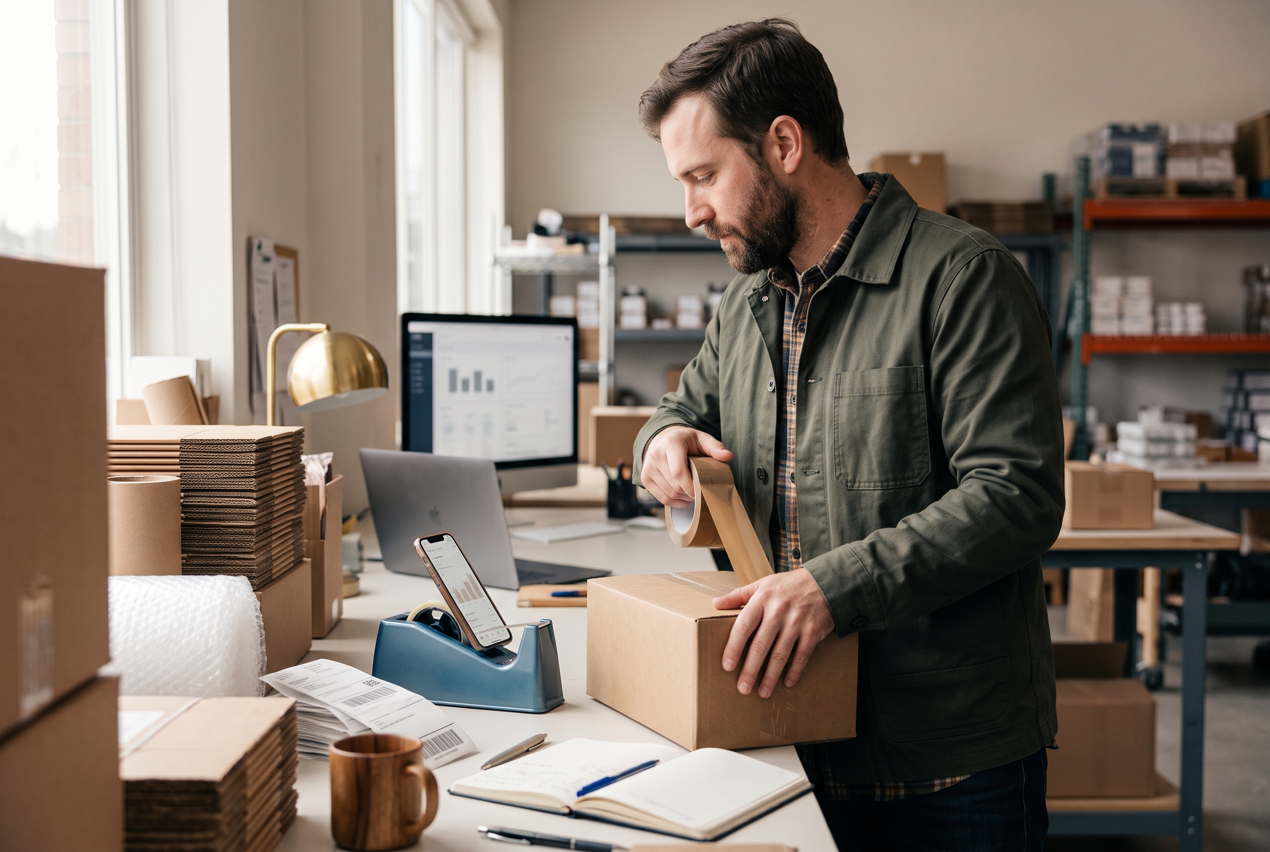 Merchant packing orders at a workbench while checking monthly revenue on a phone propped against a tape dispenser