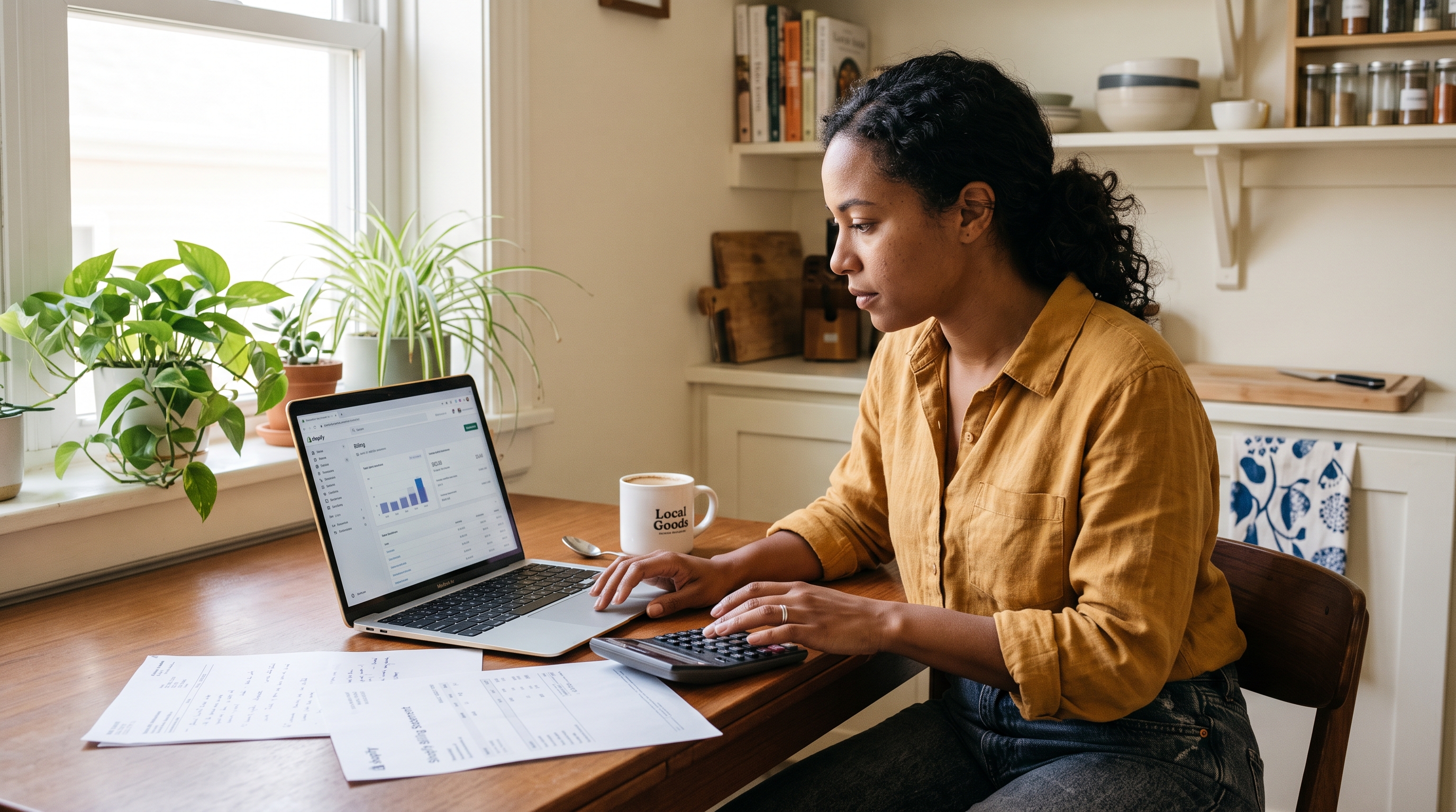 Small business owner at a kitchen table comparing Shopify billing statements on a laptop with a calculator and coffee beside her