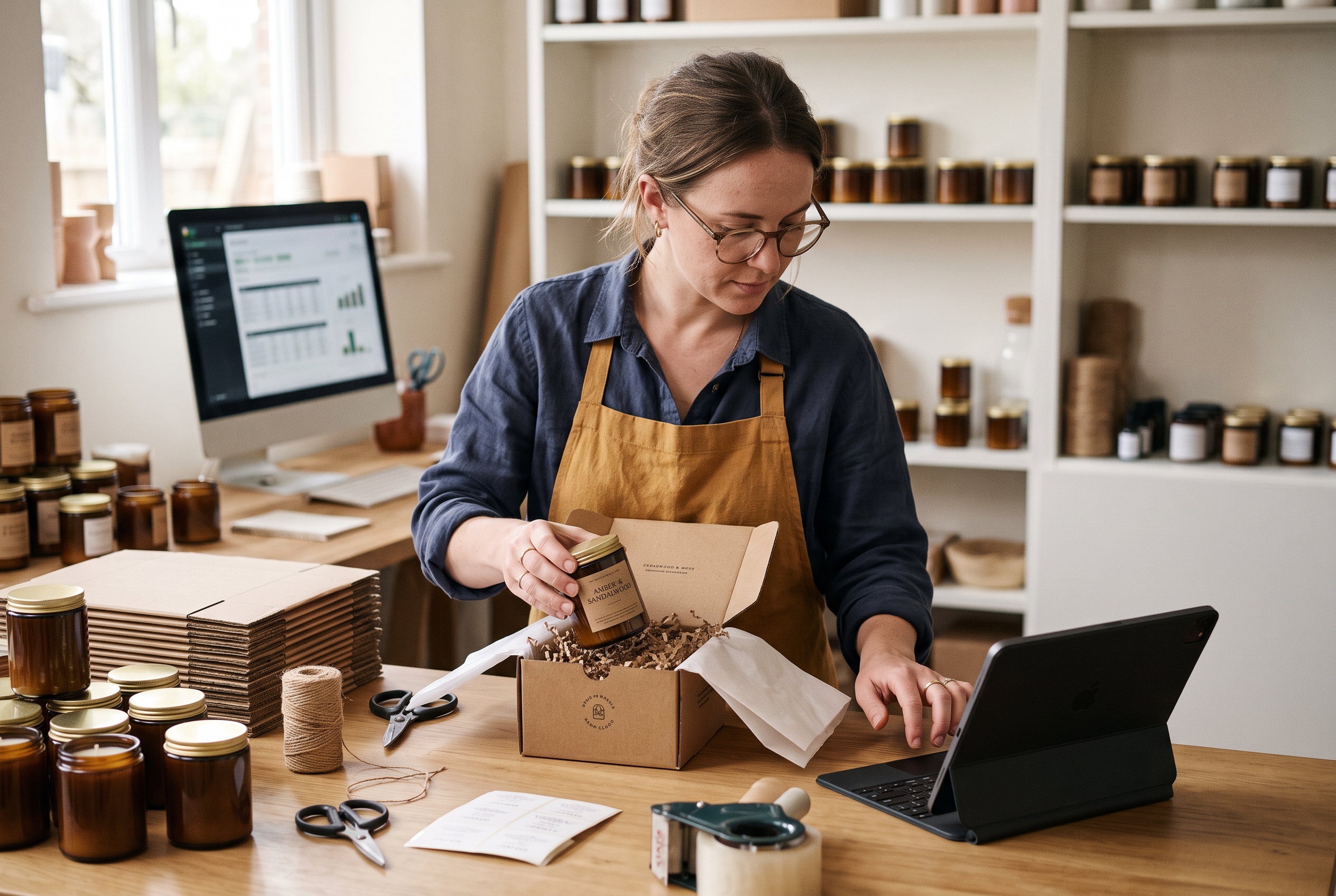 Shop owner packing handmade candles into boxes at a workbench while checking a monthly expense spreadsheet on a tablet
