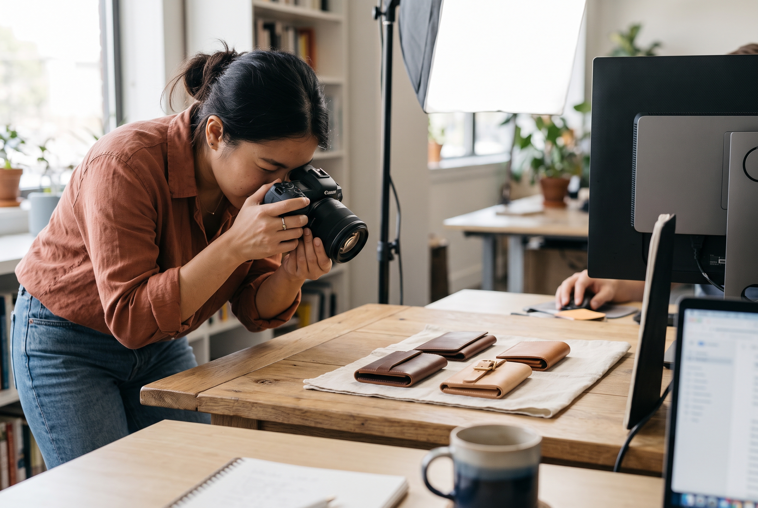 First-time store owner photographing leather wallets on a wooden table with a softbox light before uploading them to her shop