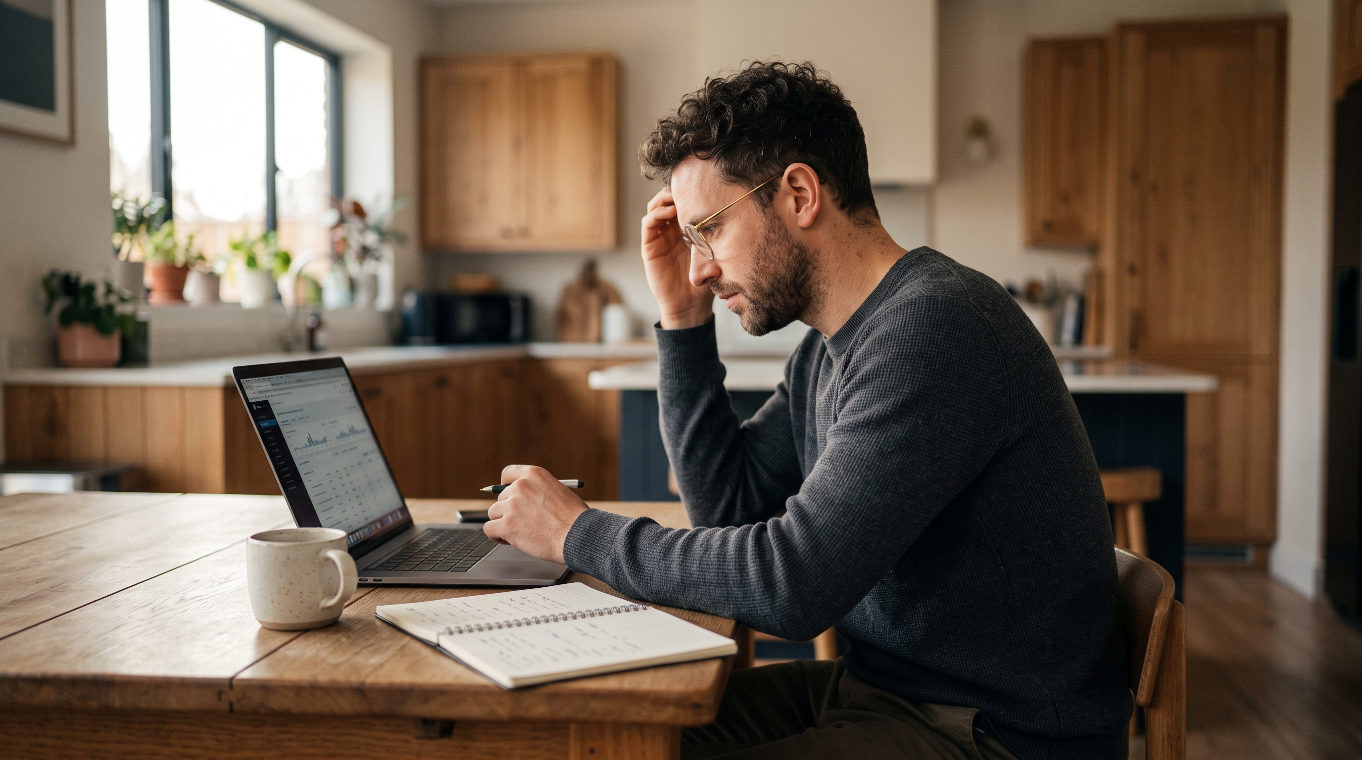 Ecommerce founder reviewing a pricing quote on a laptop at a kitchen table with a coffee mug and notebook