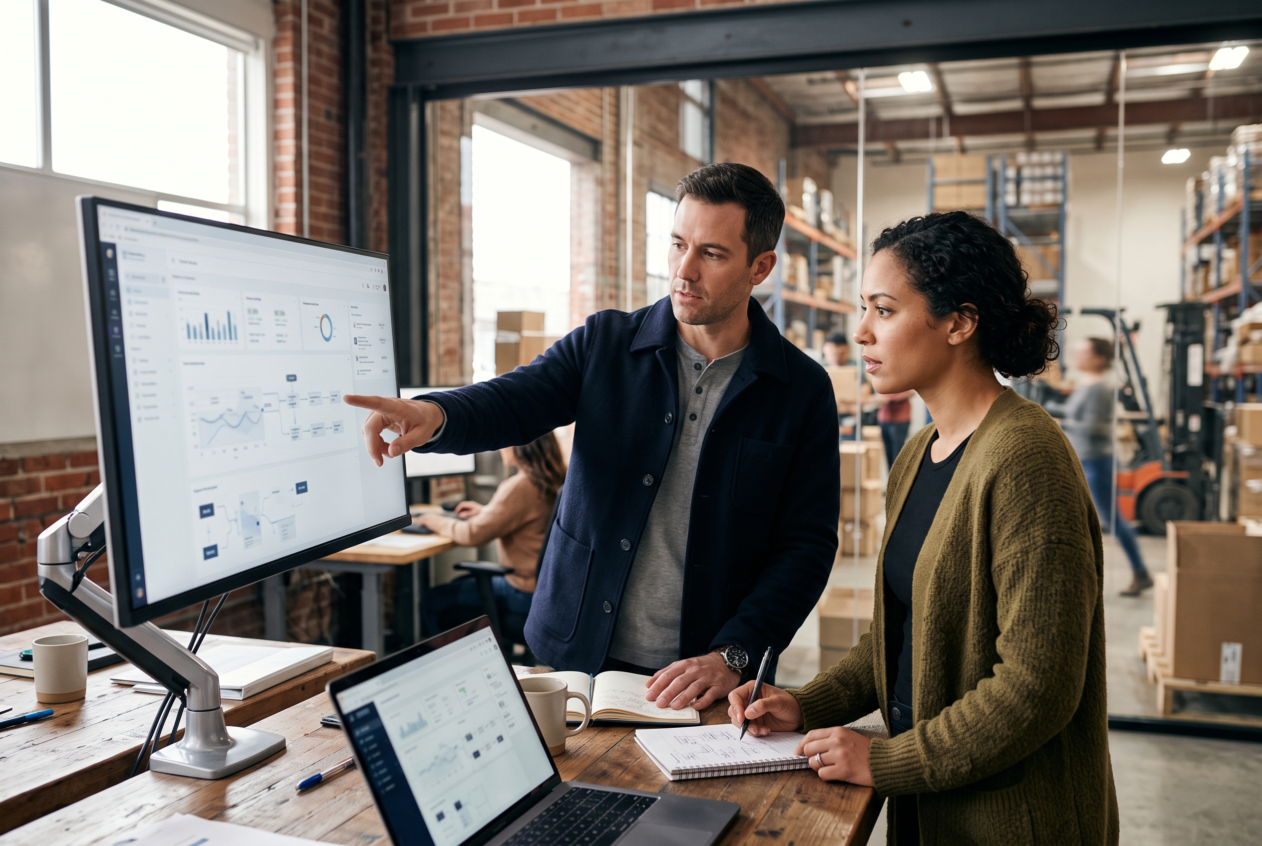 Two operations managers comparing checkout flows on a large monitor in a busy modern warehouse office