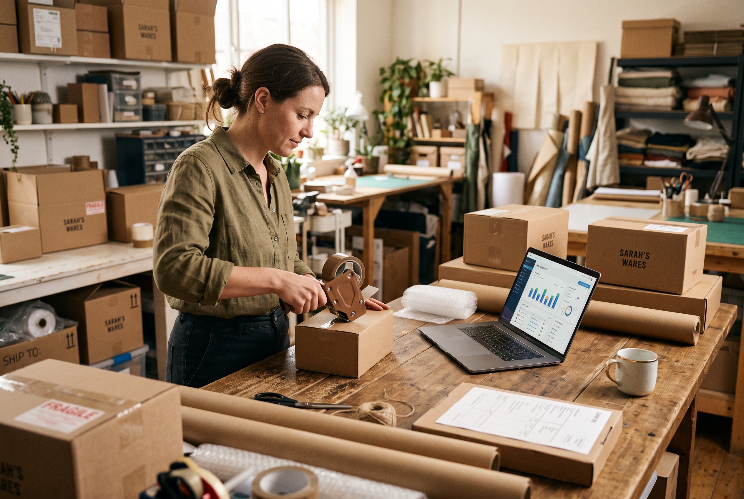 Small business owner packing orders at a wooden workbench surrounded by shipping boxes and a laptop showing sales figures